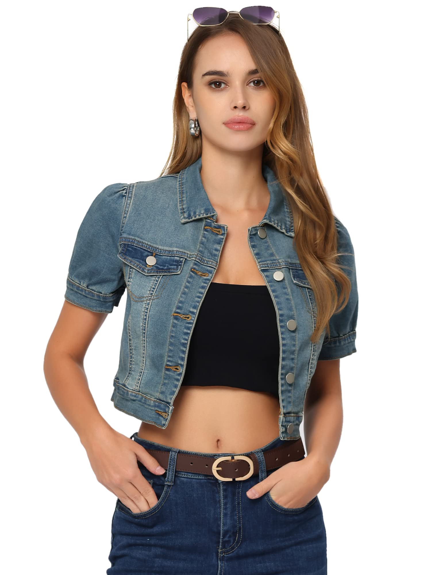 Allegra K Women's Short Sleeve Crop Denim Jacket - Casual Lightweight Jean Jacket for Spring & Summer | Perfect for Outings, Dates & Street Style Fashion