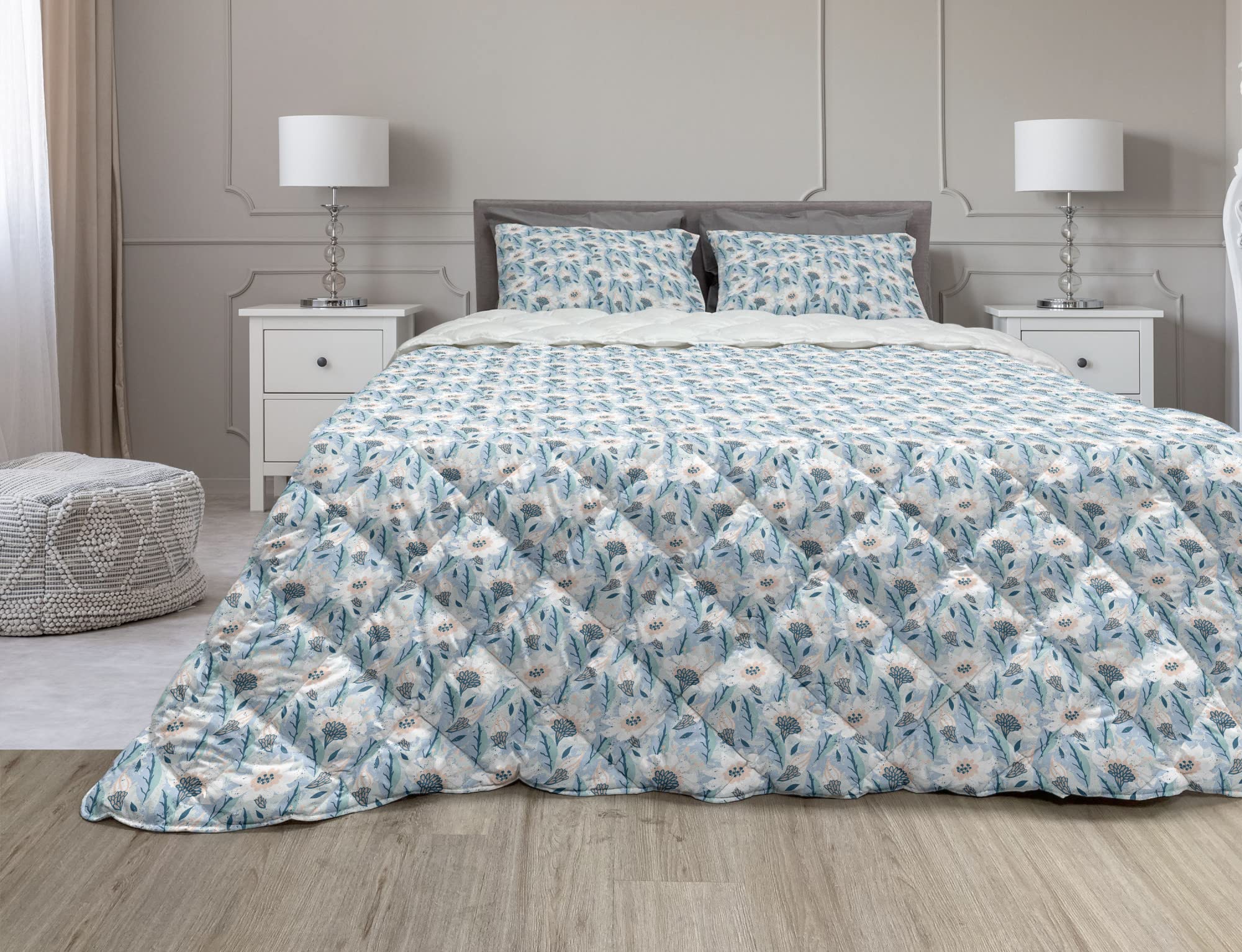 Ambesonne Floral Comforter Set - Blooming Branches Pastel Flower Duvet Cover with Sham, 3-Piece Microfiber Bedding Set in Pale Azure Blue & Peach | Full Size Garden-Themed Bedroom Decor for Spring & Summer