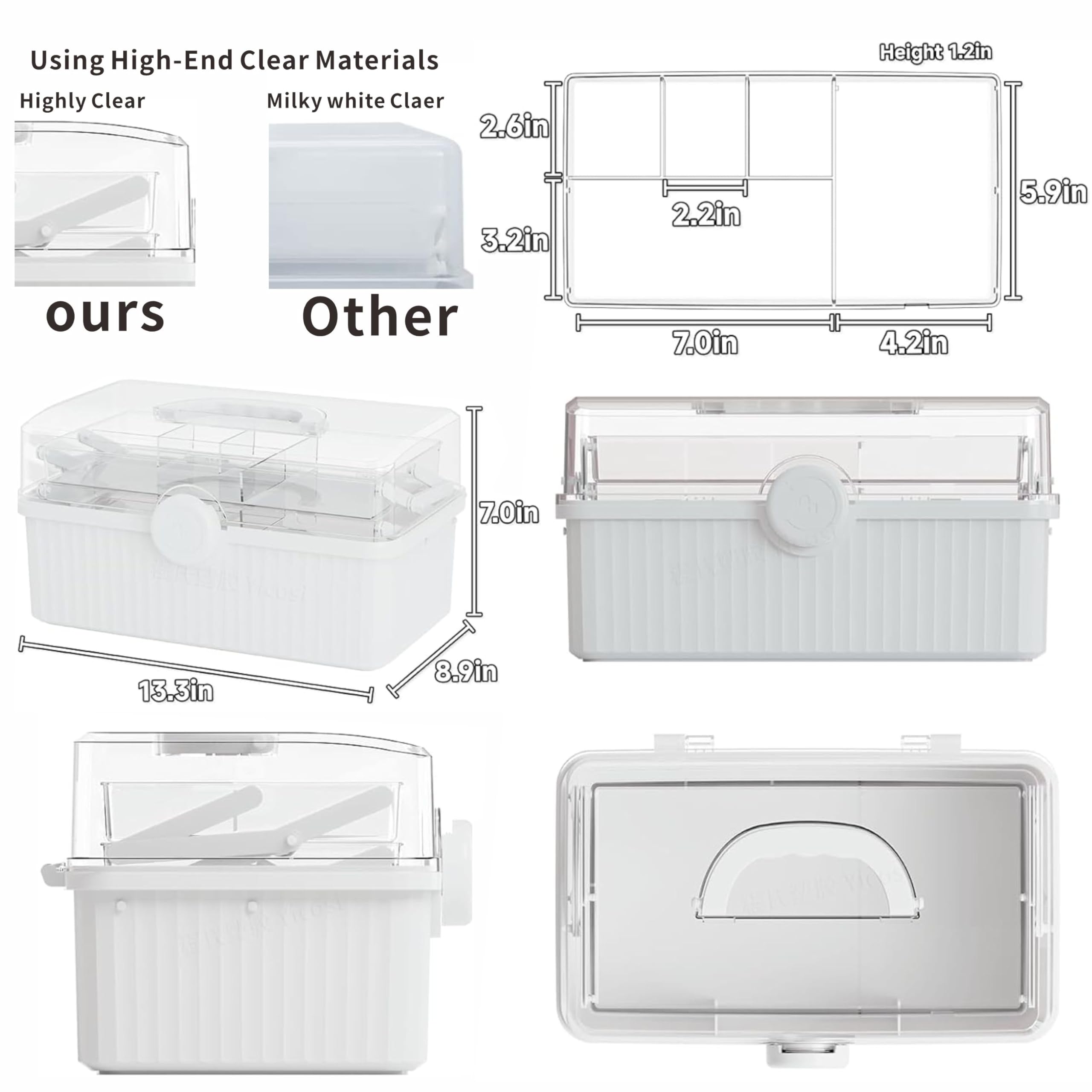 Yieach 13.3 Inch Multifunctional Plastic Storage Box - 2 Tier Tray Organizer for Crafts, Sewing Supplies, Medicine & First Aid Kit | Portable Handle Design | White | Perfect for Home Organization, DIY Projects & Emergency Preparedness