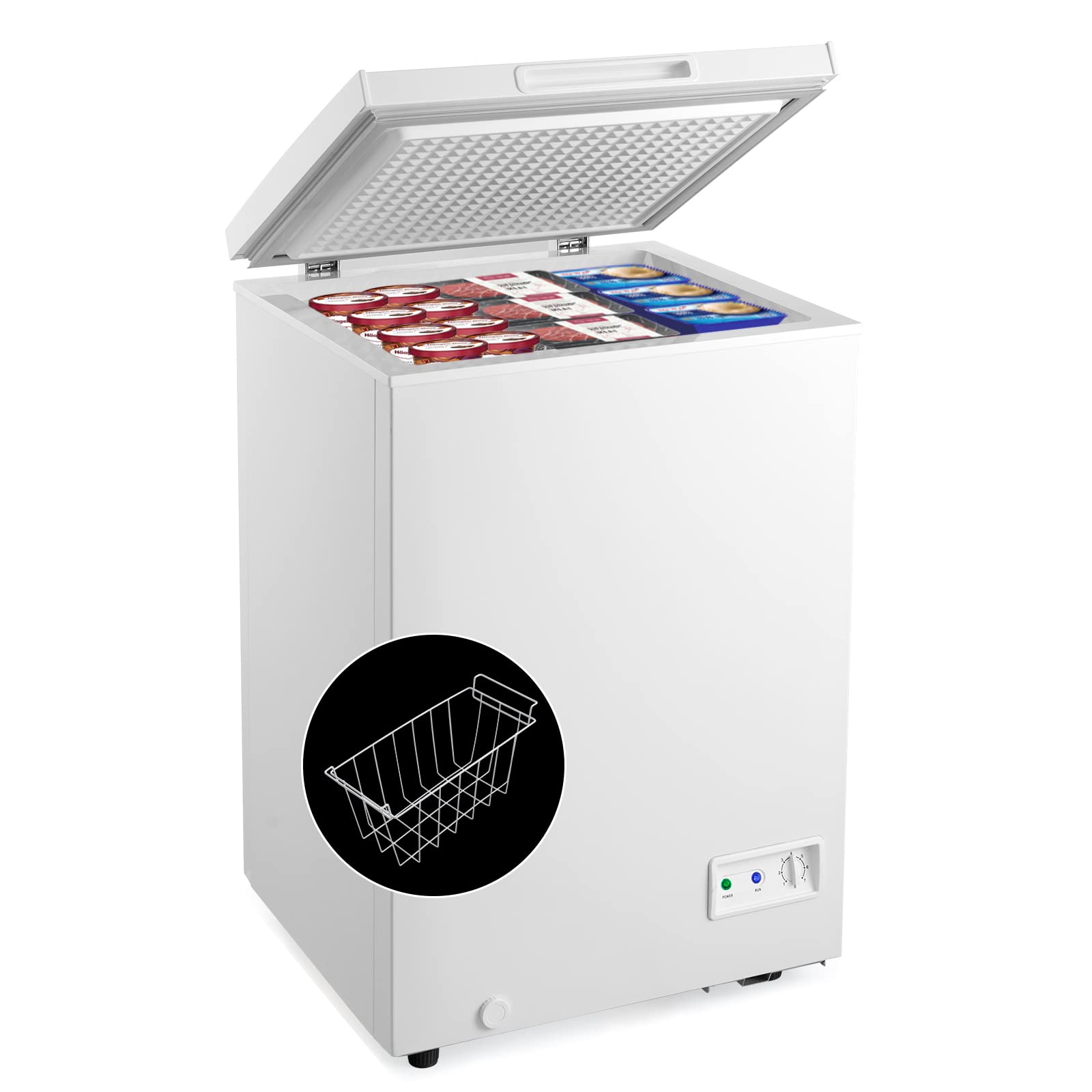 PETSITE 3.5 cu ft Compact Chest Freezer - Adjustable Temperature Deep Freezer with Removable Basket & Wheels - Energy Efficient Quiet Freezer for Kitchen, Apartment, Office - White - Perfect for Storing Frozen Foods, Meal Prep & Bulk Groceries