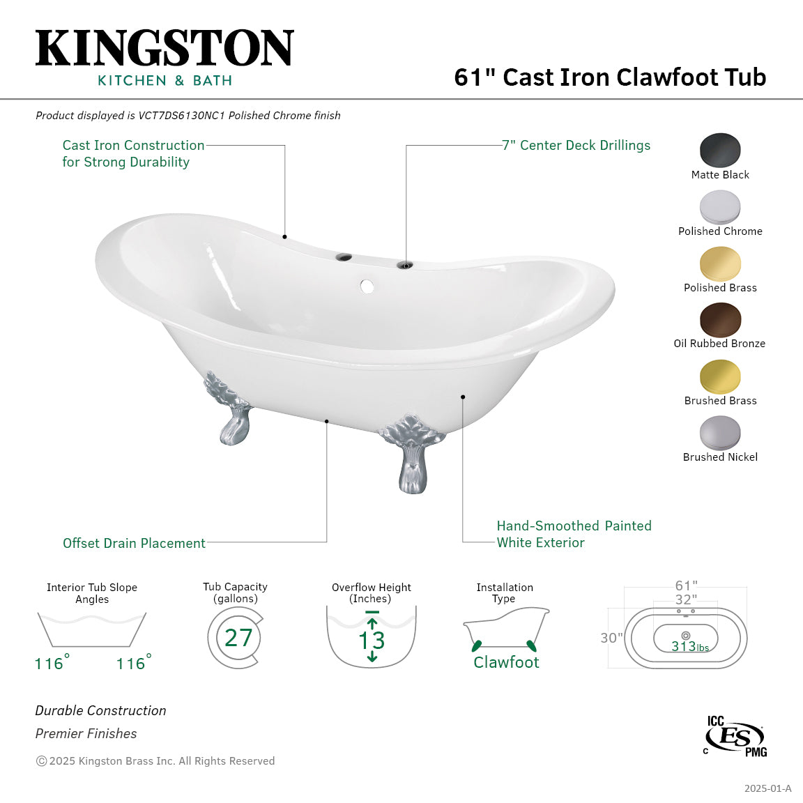 61 Inch White Cast Iron Oval Double Slipper Clawfoot Bathtub with Brushed Nickel Faucet Drillings - Vintage Freestanding Soaking Tub for Luxury Bathroom & Spa Retreat
