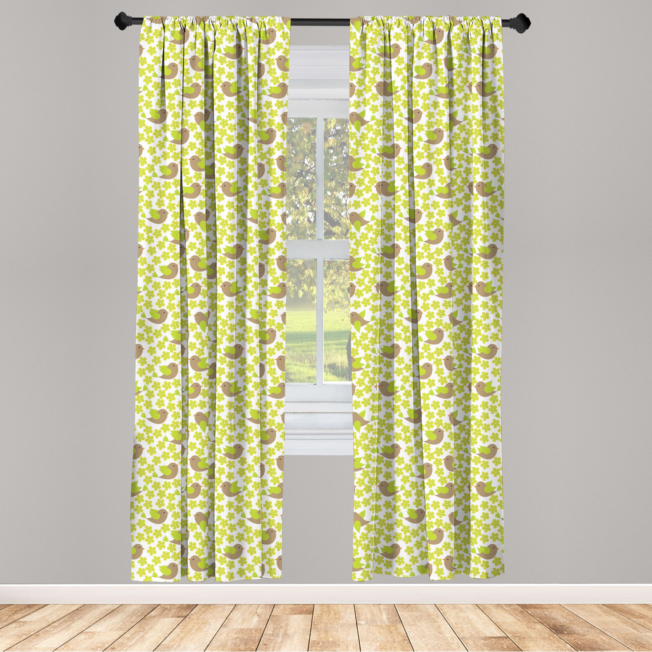 Ambesonne Bird Print Curtains - 2 Panel Set with Repeating Avian Animals & Petals Design, 28