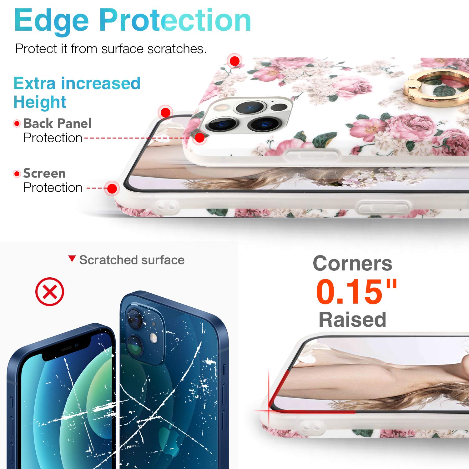 **iPhone 12 Pro Max Case for Women - Floral Pattern Ultra Thin Matte Soft TPU Silicone Cover with 360° Ring Holder - Compatible with Apple iPhone 12 Pro Max 6.7