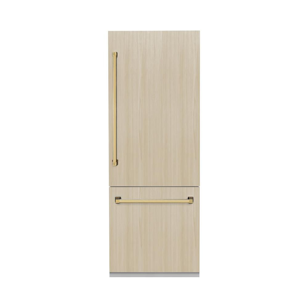ZLINE Autograph Edition 30 Inch Panel Ready Built-In Bottom Freezer Refrigerator - 16.1 cu ft Capacity with Water Dispenser & Ice Maker - Polished Gold Accents (RBIVZ 30 G) - Perfect for Modern Kitchens & Open Concept Homes