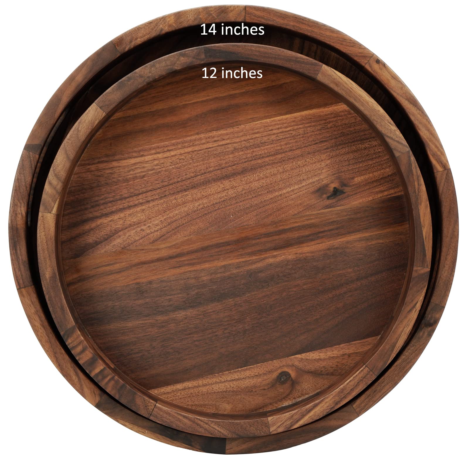 Set of 2 Large Round Black Walnut Wood Ottoman Trays with Handles - 14 & 12 Inch Classic Wooden Serving Tray for Tea, Coffee & Decor - Perfect for Living Room, Bedroom & Coffee Table Use