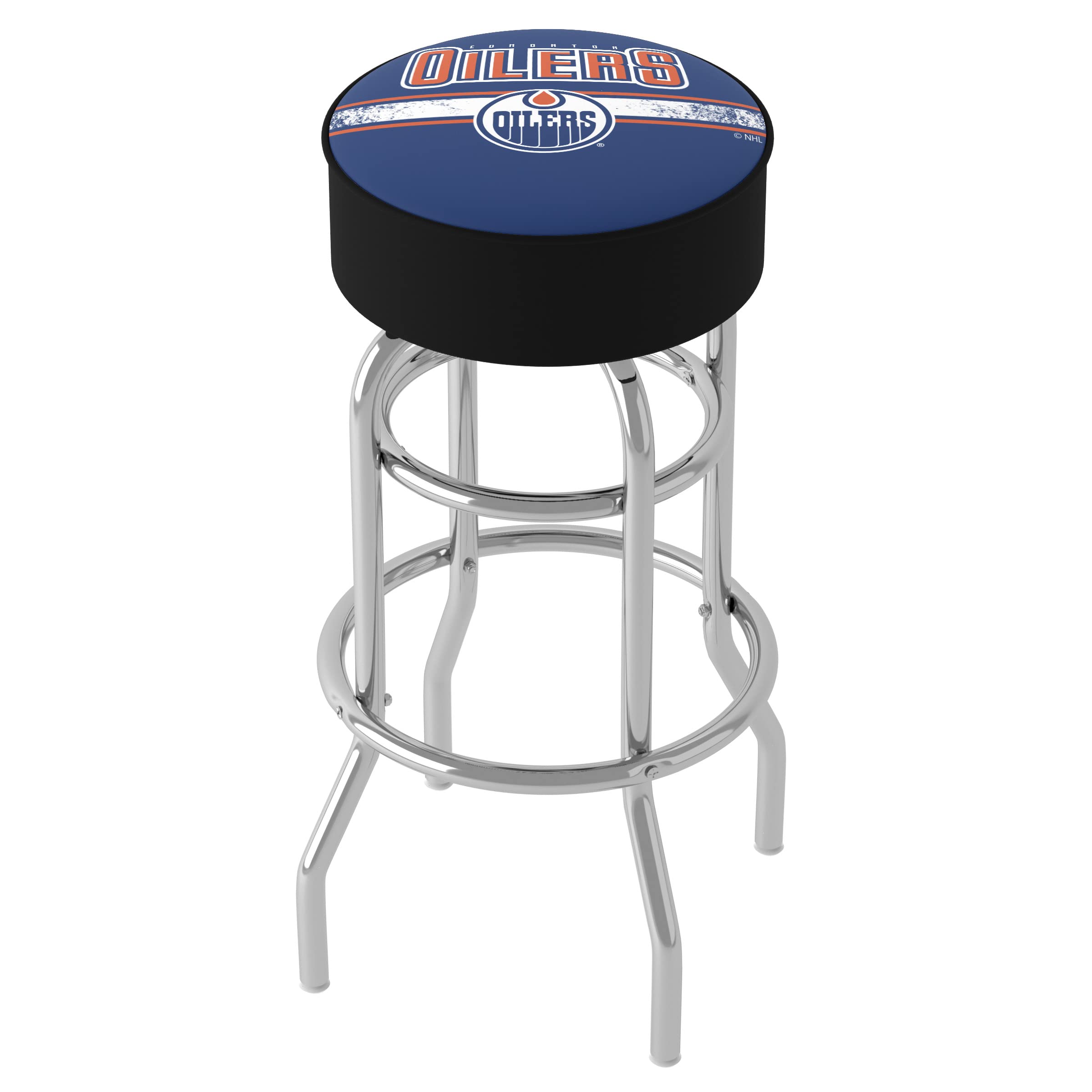 NHL Chrome Bar Stool with Swivel - Edmonton Oilers Hockey Team Themed Gameroom Furniture for Man Cave, Sports Bar & Home Decor