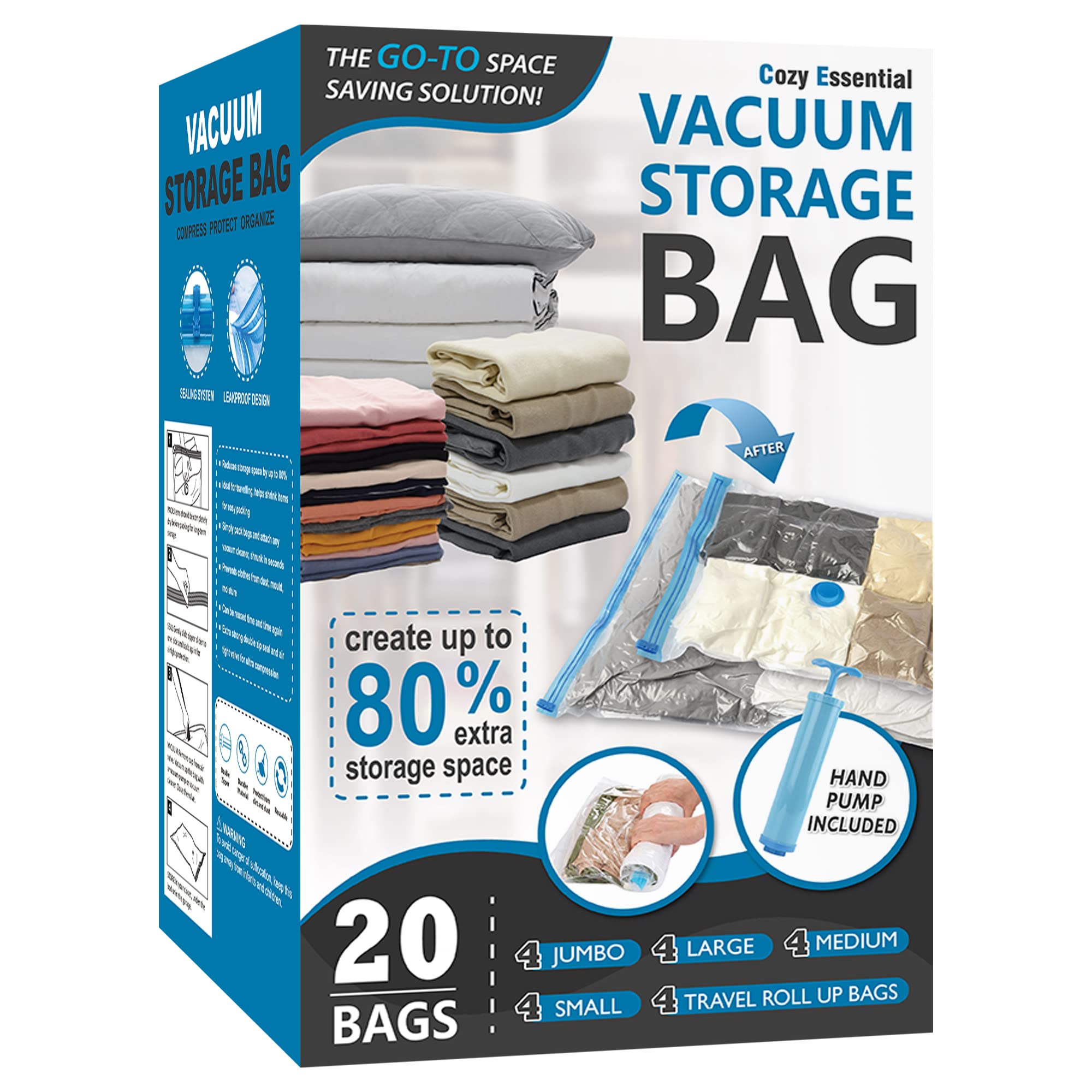 20 Pack Vacuum Storage Bags - Space Saver Bags (4 Jumbo/4 Large/4 Medium/4 Small/4 Roll) for Comforters, Blankets & Clothes Storage | Includes Hand Pump | Perfect for Travel, Seasonal Storage & Home Organization