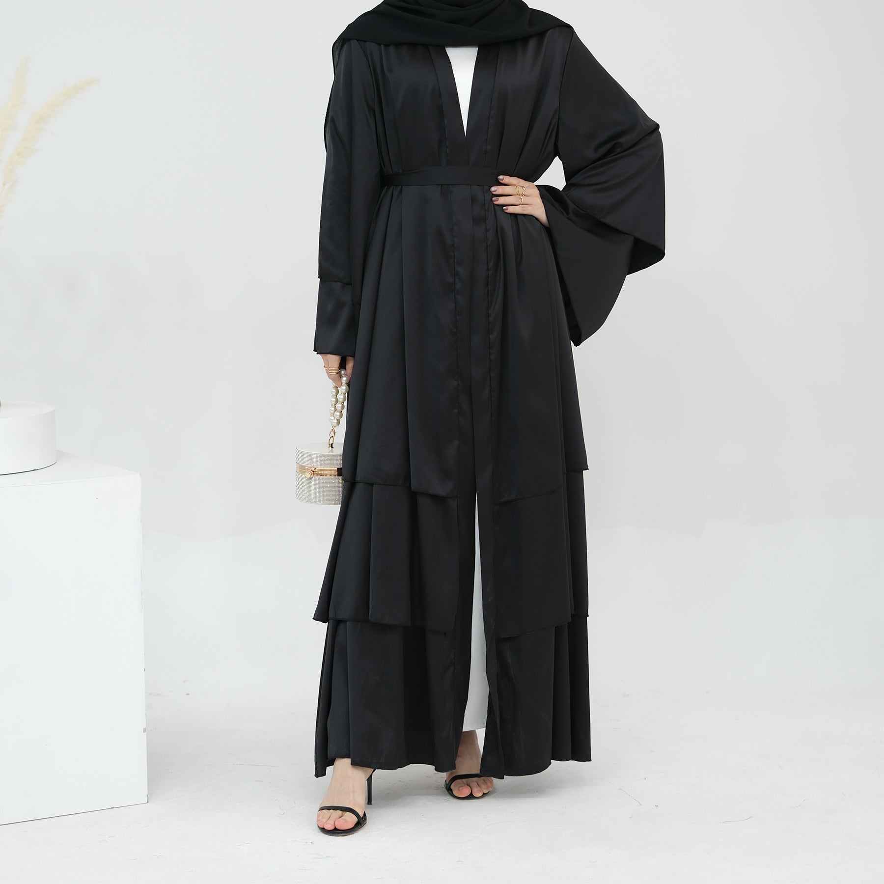 Miranda Layered Hem Satin Open Abaya Dress for Women - Elegant Muslim Prayer Gown, Modest Evening Wear & Special Occasion Outfit - Black