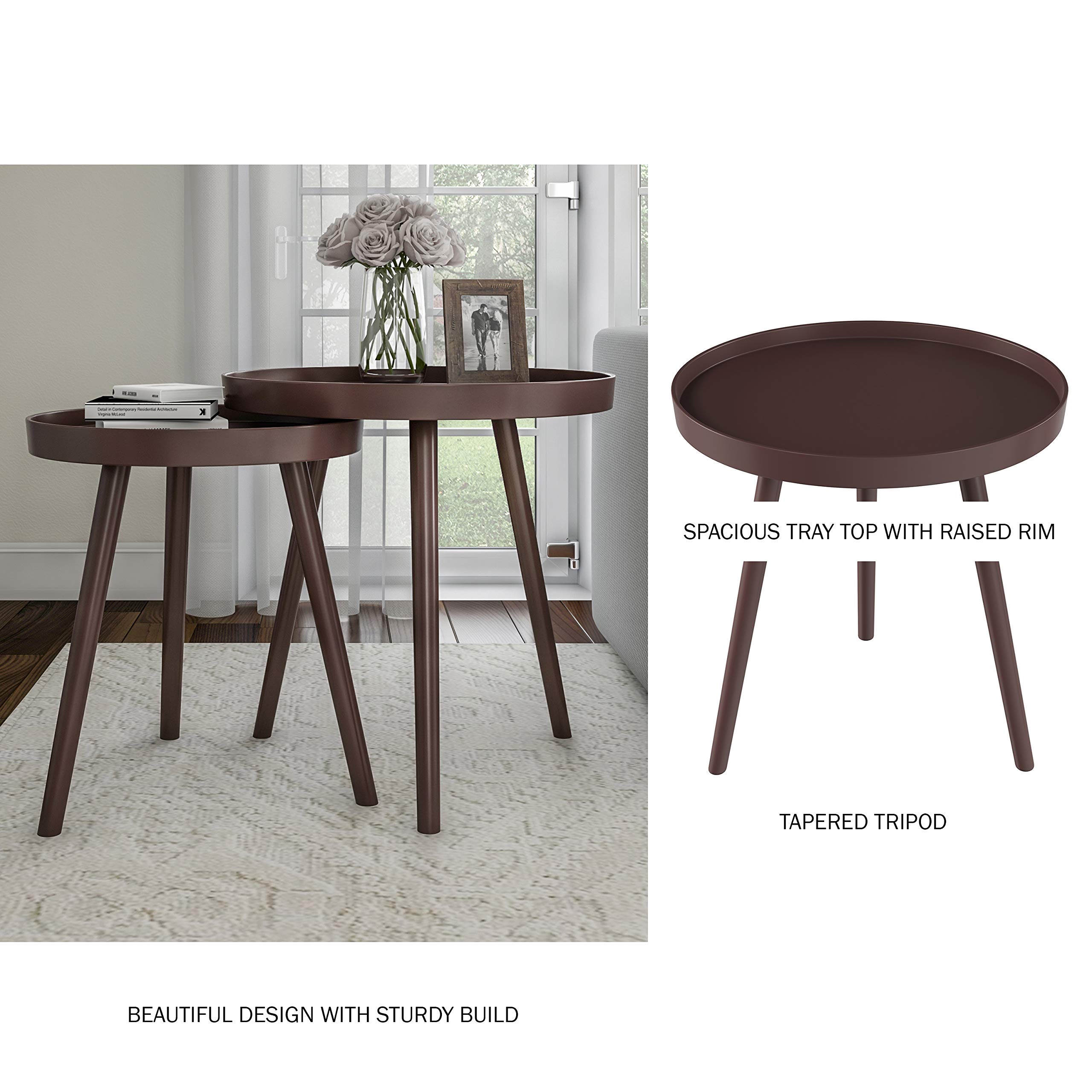 Lavish Home Nesting Side Tables - Set of 2 Round End Tables for Living Room, Bedroom, or Home Office - Mid-Century Modern Accent Table Set with Tray Tops - Brown Wood Nightstands - Perfect for Small Spaces, Coffee Table Alternatives & Stylish Home Decor