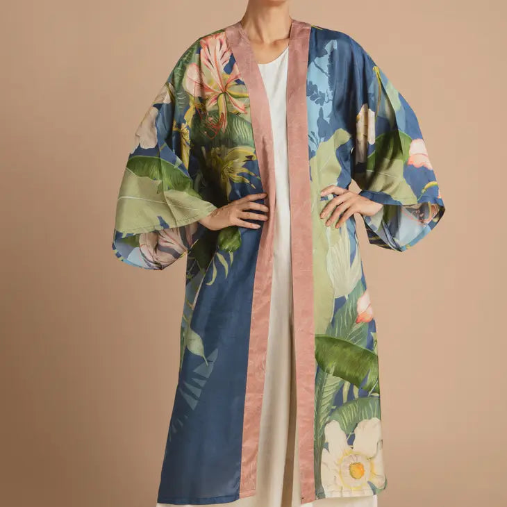 Indigo Delicate Tropics Kimono Gown - Elegant Floral Print Loose Fit Cover Up - Perfect for Beach Vacation, Pool Party & Summer Boho Outfit