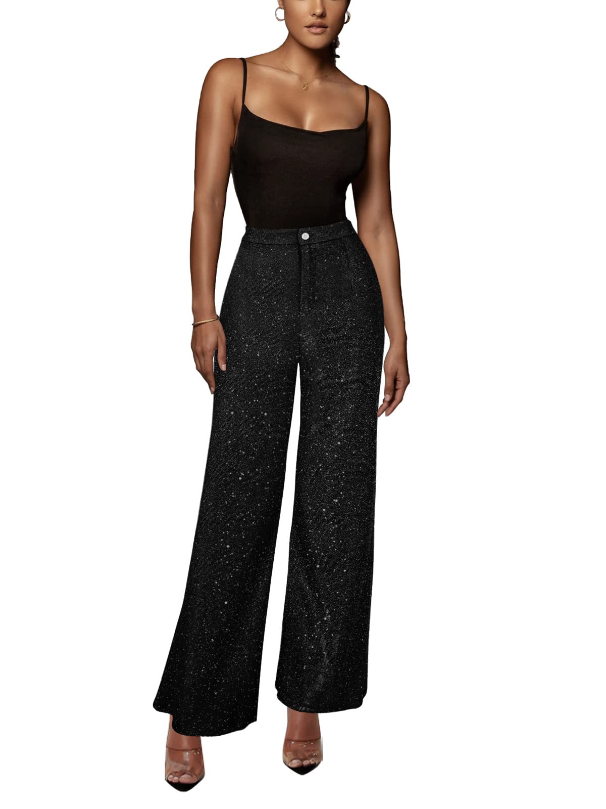 ALLUMK Women's Stretchy High Waisted Wide Leg Button-Down Pants with Sequins - Comfortable & Stylish Trousers for Work, Party & Casual Wear