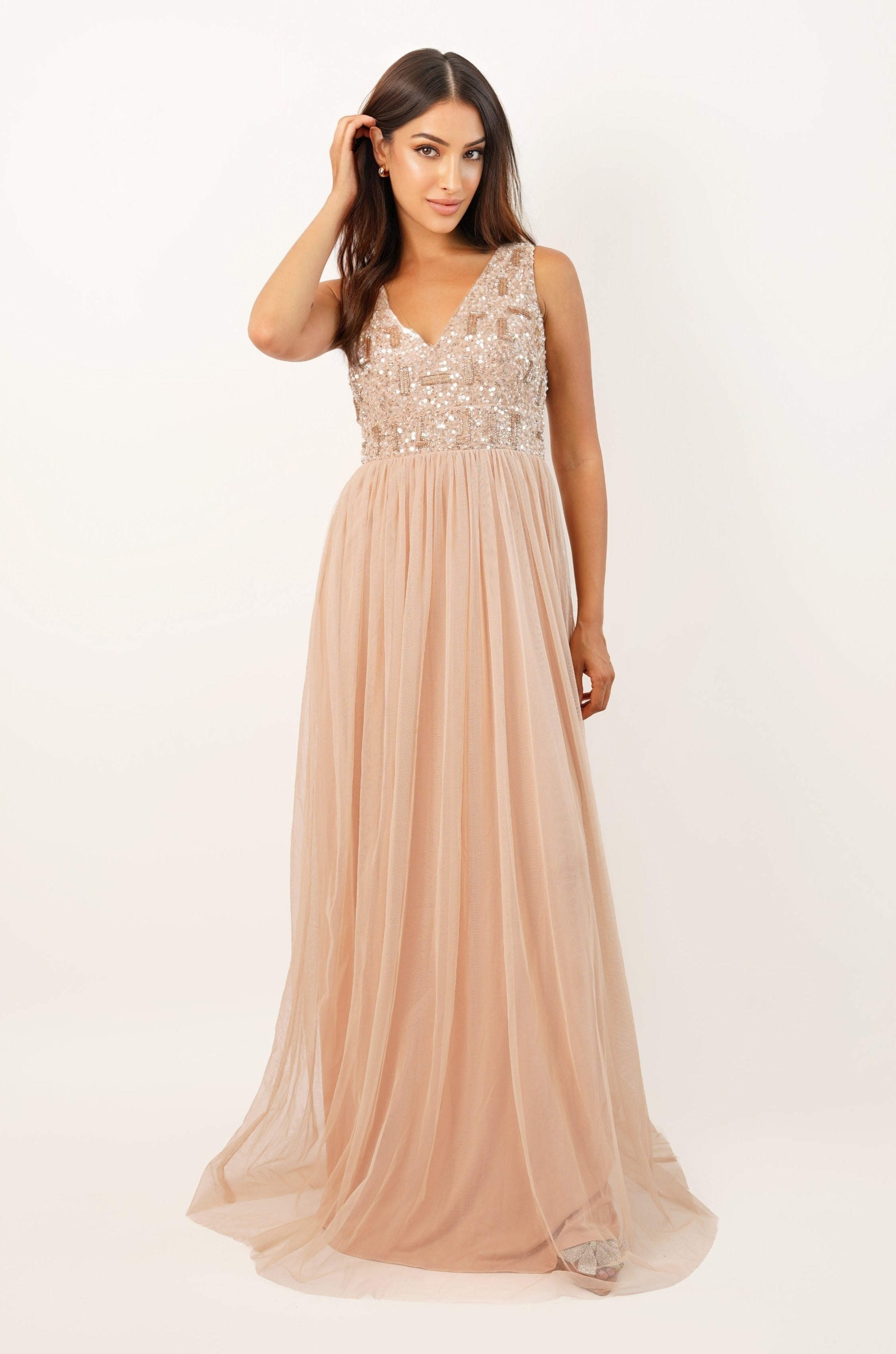 Aurora Nude Embellished Maxi Dress for Women - Elegant Long Evening Gown with Beaded Details, Perfect for Weddings, Parties & Special Occasions