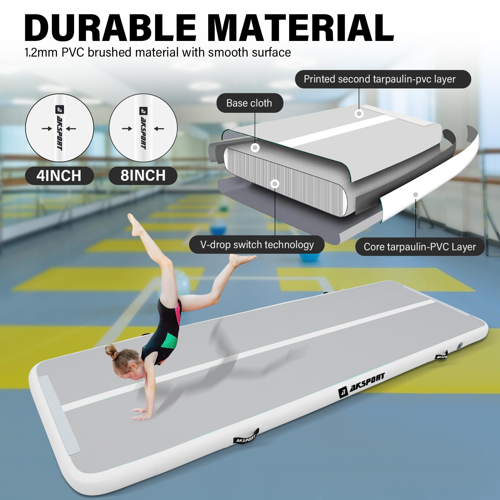 AKSPORT Inflatable Gymnastics Air Mat - Portable Tumbling Track for Home, Gym, Training | Cheerleading, Parkour, Beach, Water & Park Use | Includes Air Pump for Easy Setup