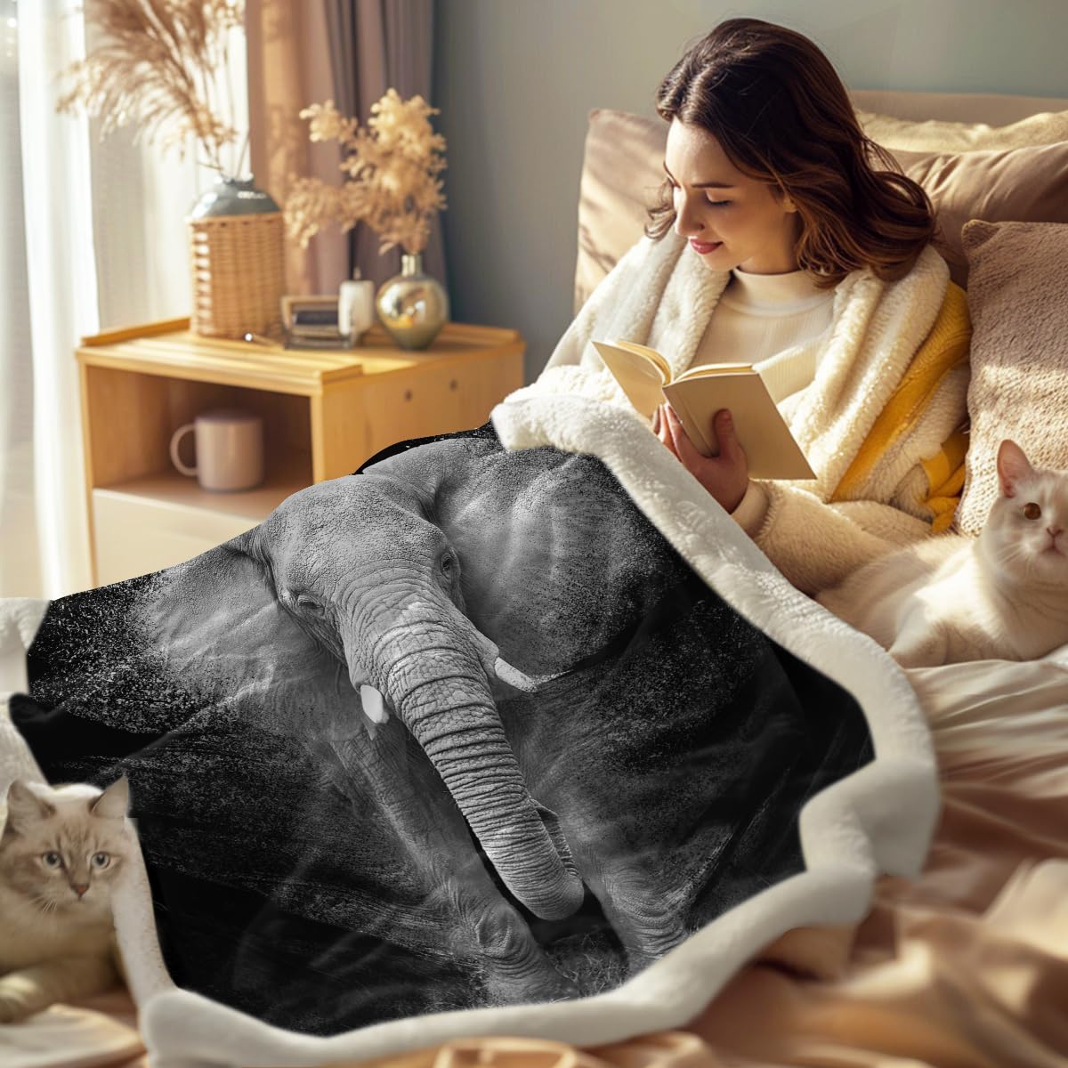 Soft Plush African Elephant Fleece Throw Blanket for Kids - Grey & Black Sherpa Blanket (50x60 Inches) - Cozy Couch & Chair Blanket for Girls & Boys - Perfect for Bedroom, Nursery, and Living Room