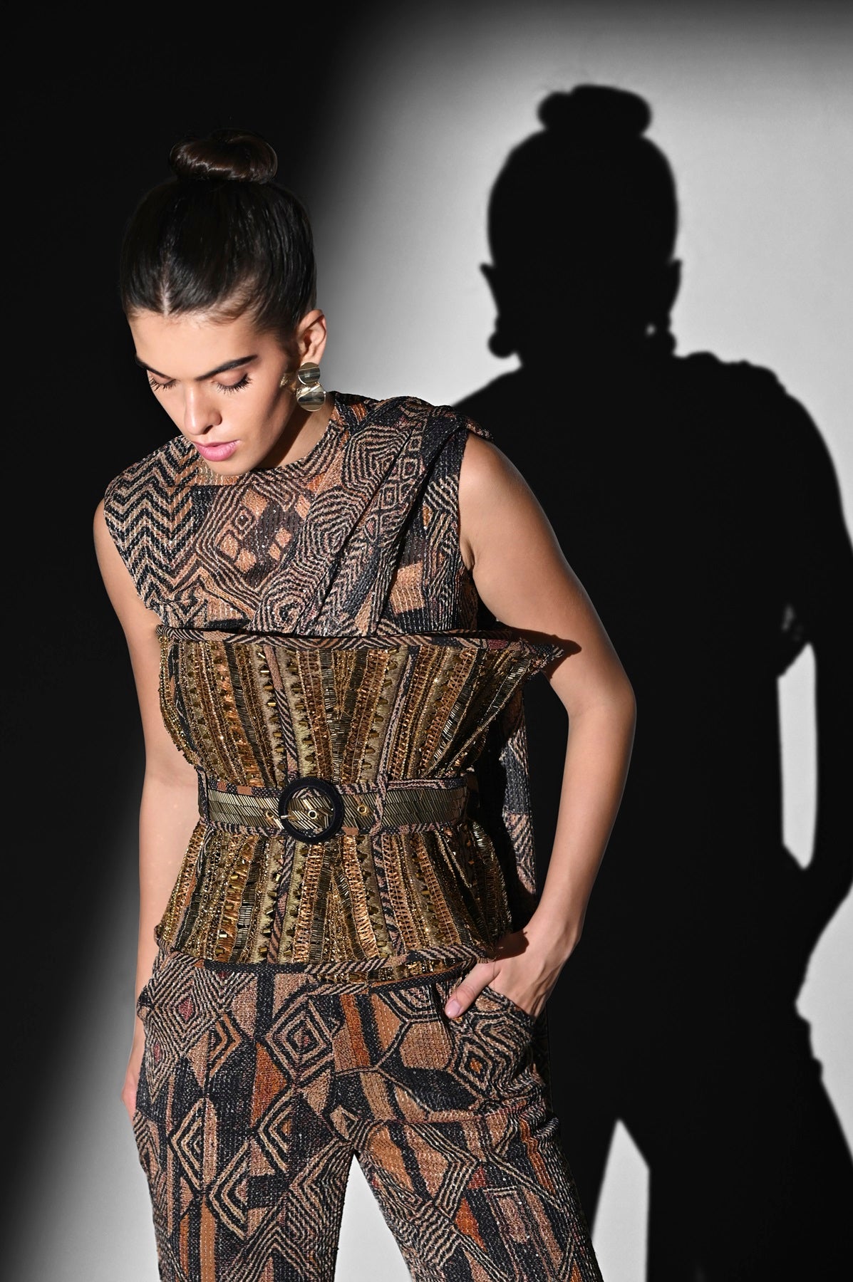 Brown Geometric Print Bodysuit and Pant Set with Attached Drape - Stylish Women's Outfit for Casual Wear, Date Night & Special Occasions