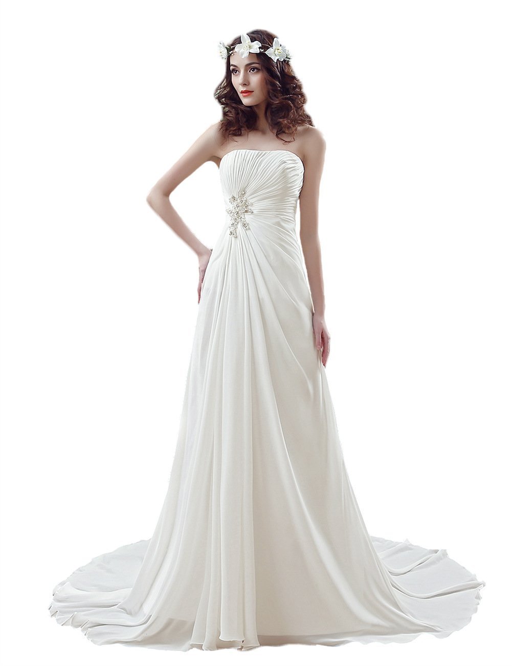Elegant Strapless Chiffon Beach Wedding Dress with High Slit - Perfect for Brides, Beach Ceremonies & Summer Weddings - WD009