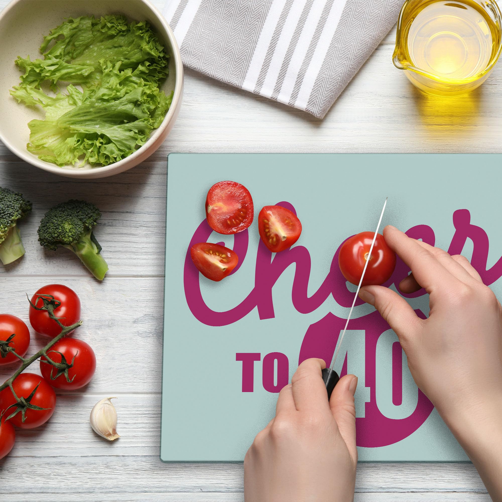 Ambesonne 40th Birthday Cutting Board - Happy Mood Greeting with Handwriting in Hot Pink - Tempered Glass Serving Board for Parties, Large Size (Hot Pink & White) - Perfect for Birthday Celebrations, Kitchen Decor & Gift Giving
