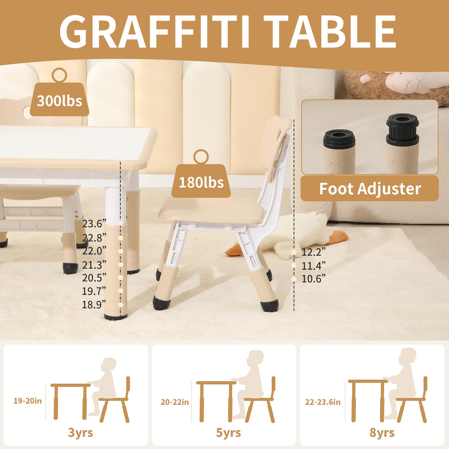 **Height-Adjustable Toddler Table and 4 Chairs Set - Kids Study & Activity Table with Graffiti Desktop for Boys & Girls Ages 3-8 (Max 300lbs) - Perfect for Learning, Drawing & Playtime at Home or Preschool**