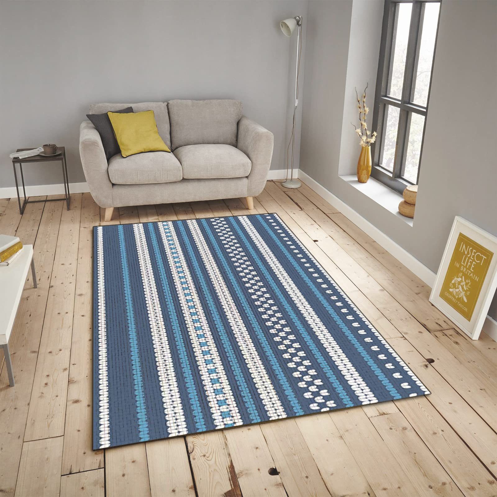 Blue and White Line Spikelet Flower Print Area Rug - Modern Minimalist Living Room Rug - Fluffy Soft, Machine Washable, Breathable & Durable - 6x8ft - Perfect for Living Room, Bedroom, Office & Dining Room Decor