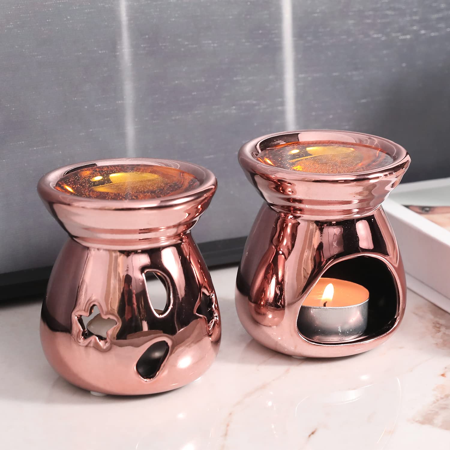 MyGift Copper Ceramic Aromatherapy Essential Oil Diffuser & Wax Warmer - 2-Piece Set with Stars and Moon Cutout Design for Home Spa, Yoga, Meditation & Relaxation