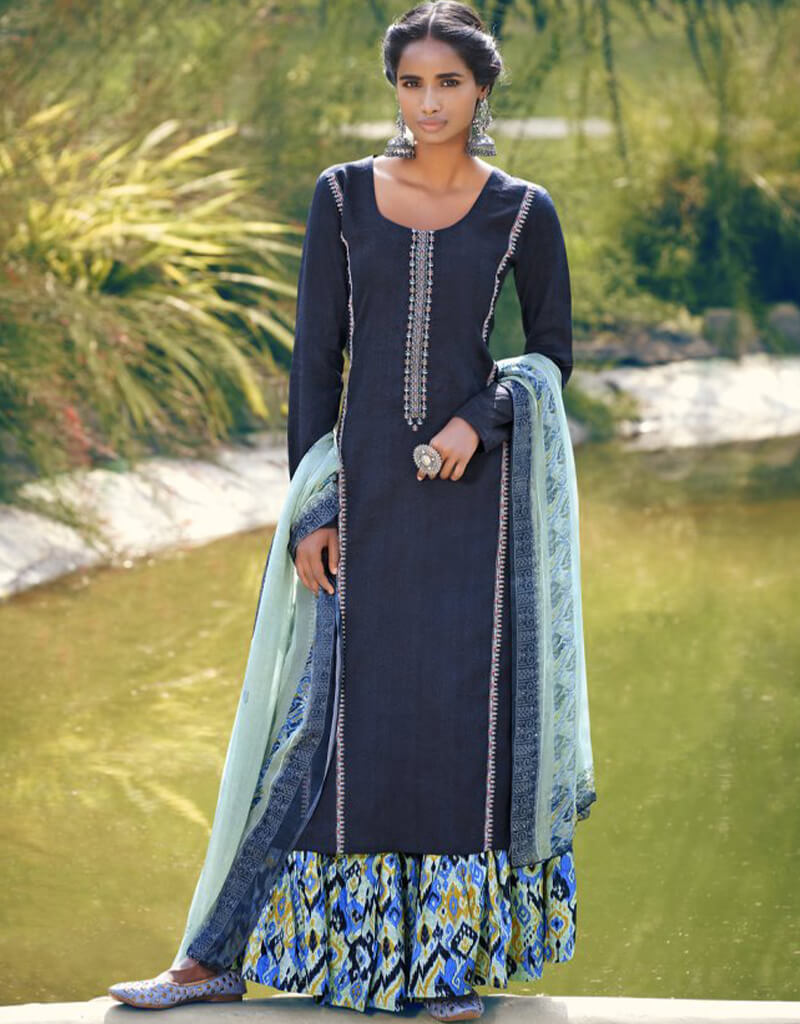 Elegant Blue Sharara Suit Set - Pure Jam Satin Pakistani Formal Wear for Weddings & Special Occasions
