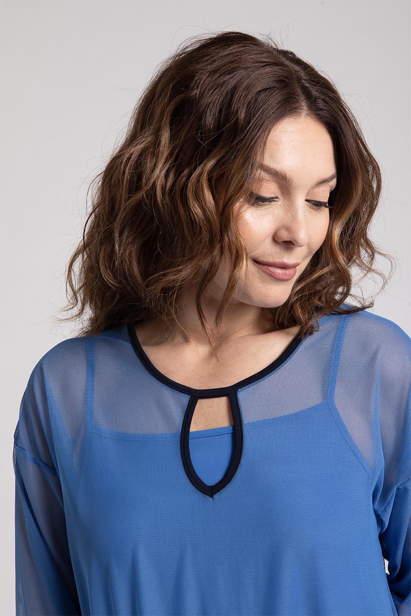 Mesh Keyhole Tunic Top - Women's Navy Blue Boho Chic Blouse for Summer Beach & Casual Outings