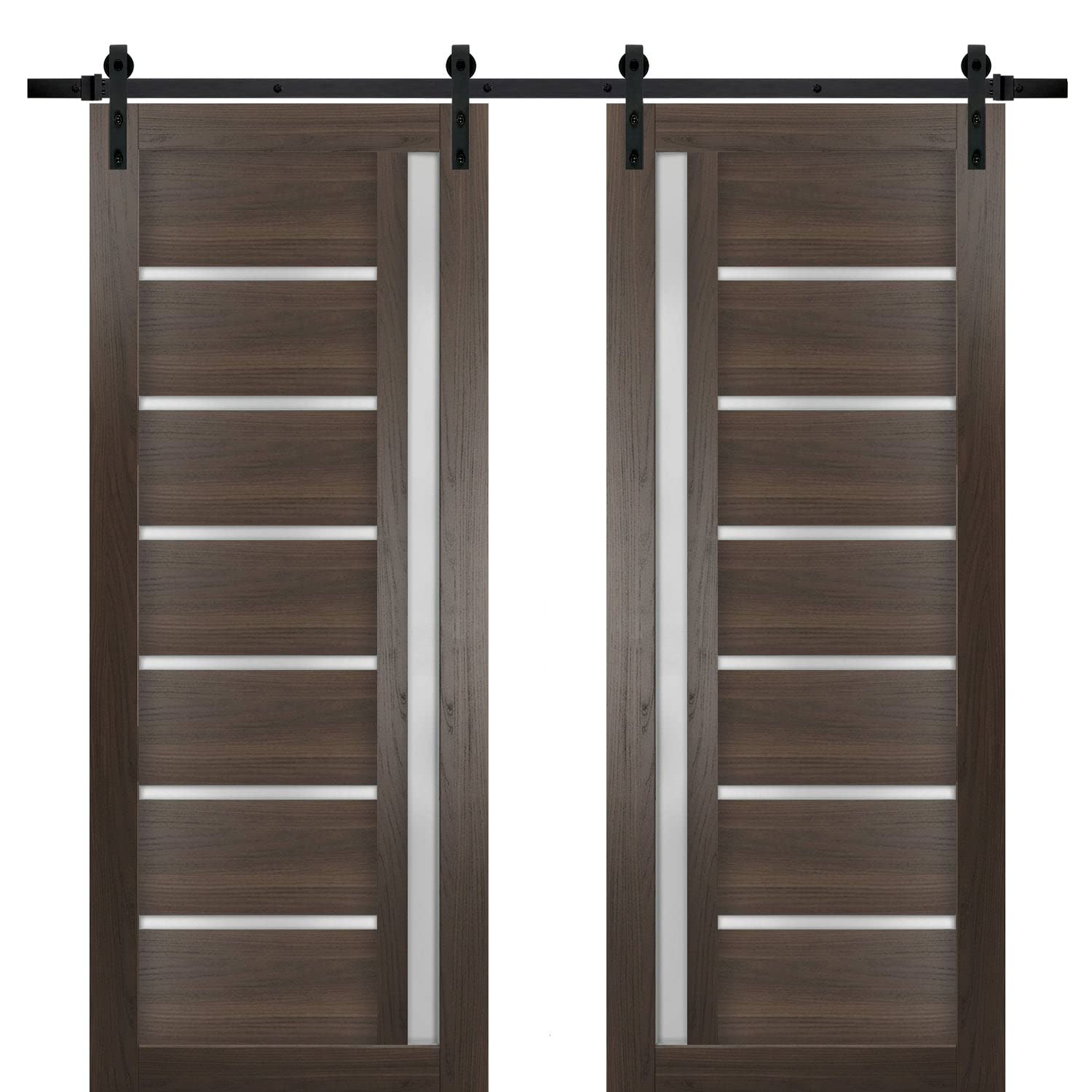 84x84 Inch Sturdy Double Barn Door with Frosted Glass - Quadro 4088 Chocolate Ash Finish | Heavy Duty Top Mount 14FT Rail Hangers | Solid Panel Interior Doors for Bedroom, Closet & Farmhouse Style Homes