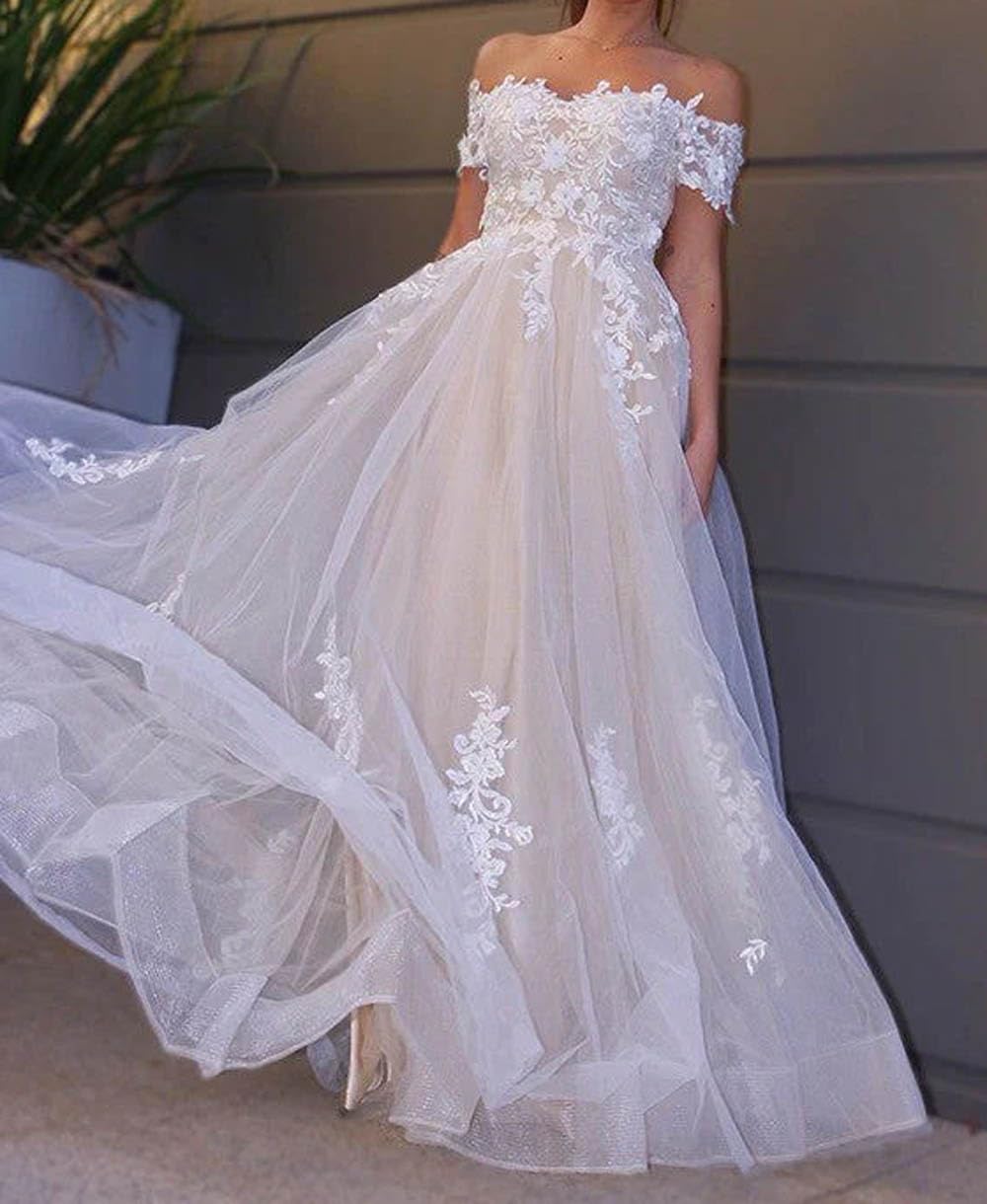 Elegant Sleeveless Lace Applique A-Line Off Shoulder Wedding Dress for Women - Long Formal Evening Gown for Bridal, Prom, Cocktail Party & Special Occasions