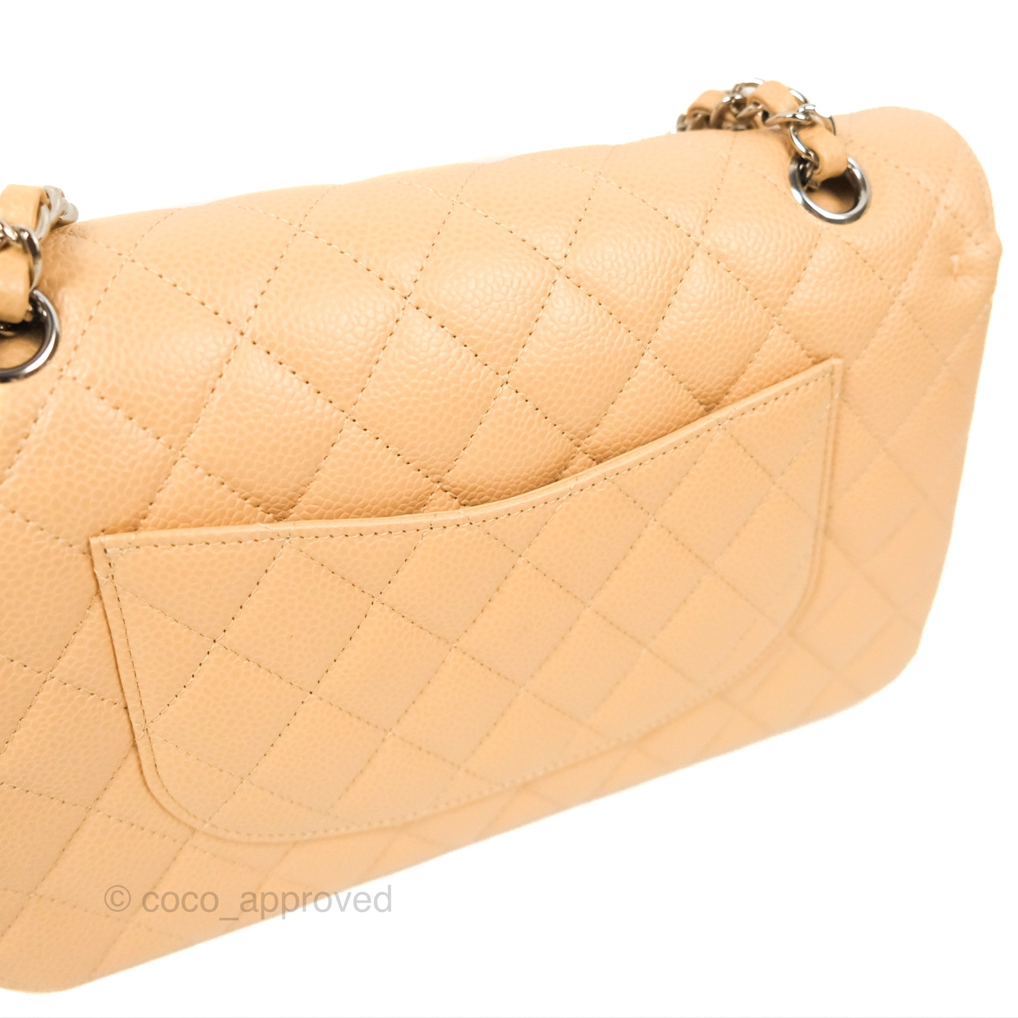 Chanel Classic Medium Double Flap Bag Quilted Beige Caviar Leather with Silver Hardware - Luxury Designer Handbag for Women, Perfect for Work, Evening & Special Occasions