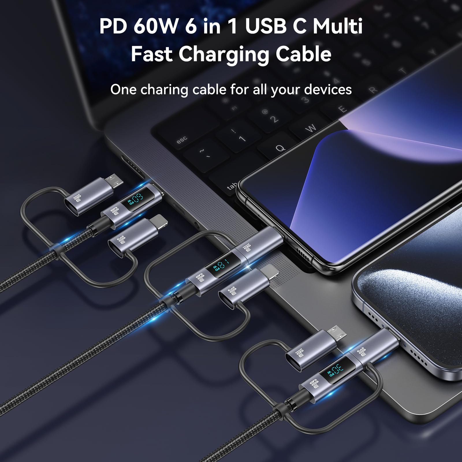 6-in-1 Multi Charger Cable with LED Display | 60W PD Fast Charging USB-C to USB-C/USB-A/Micro Cable (4ft) | Compatible with iPhone, Samsung, Laptops & More | Perfect for Home, Office & Travel Charging