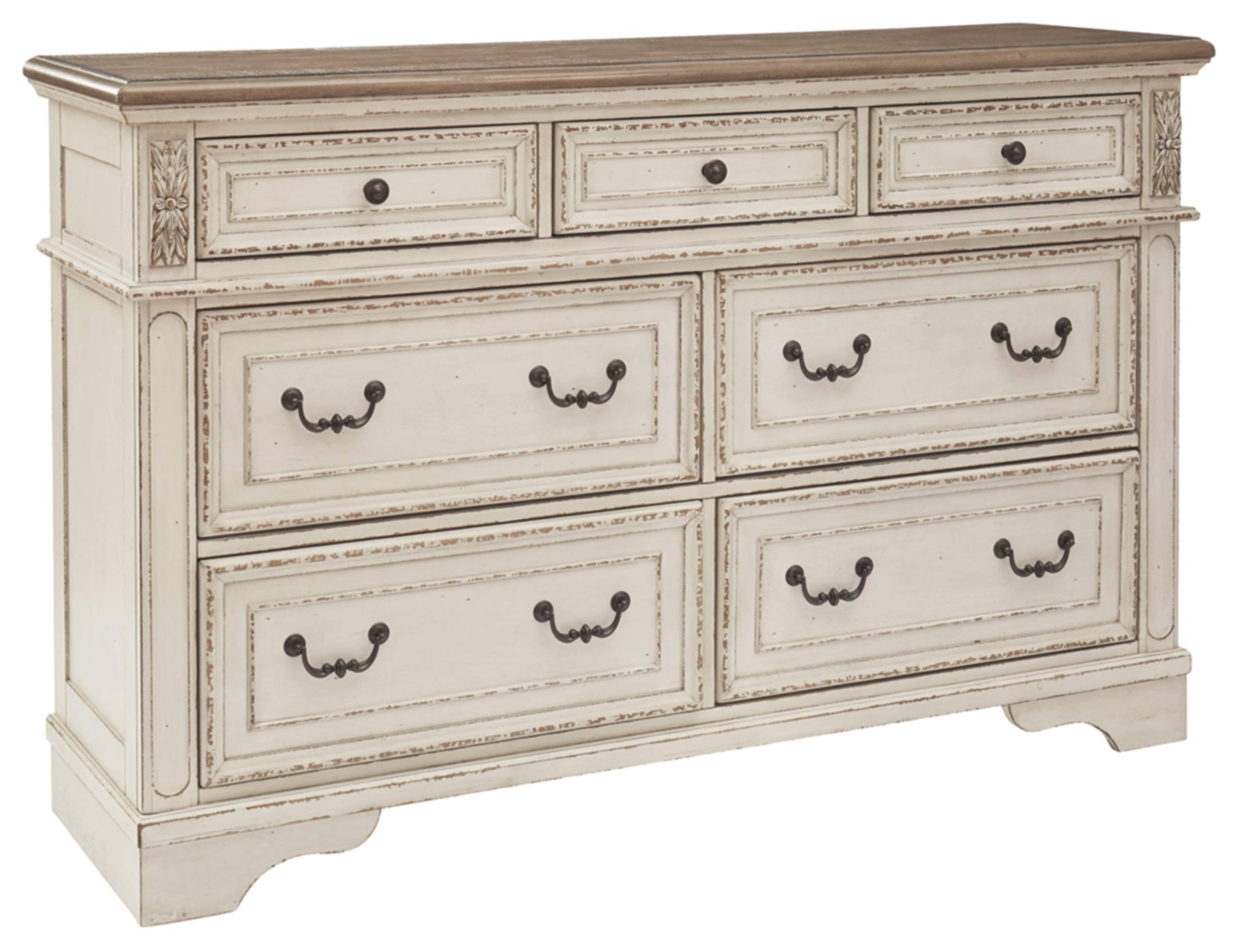 Signature Design by Ashley Realyn French Country 7-Drawer Dresser & 3-Drawer Nightstand Set in Chipped White - Two-Tone Finish with Built-in Electrical Outlets & USB Ports - Perfect for Bedroom Storage and Modern Charging Needs