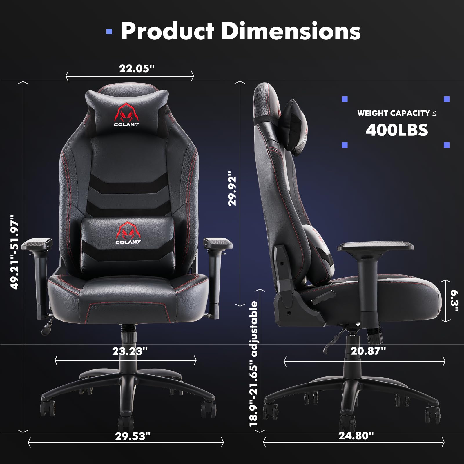 COLAMY Big and Tall Gaming Chair 400lbs Capacity - Ergonomic Computer Chair for Heavy Adults, Wide Seat Executive Office Chair with High Back Support - Perfect for Gaming, Working & Home Office (Black)