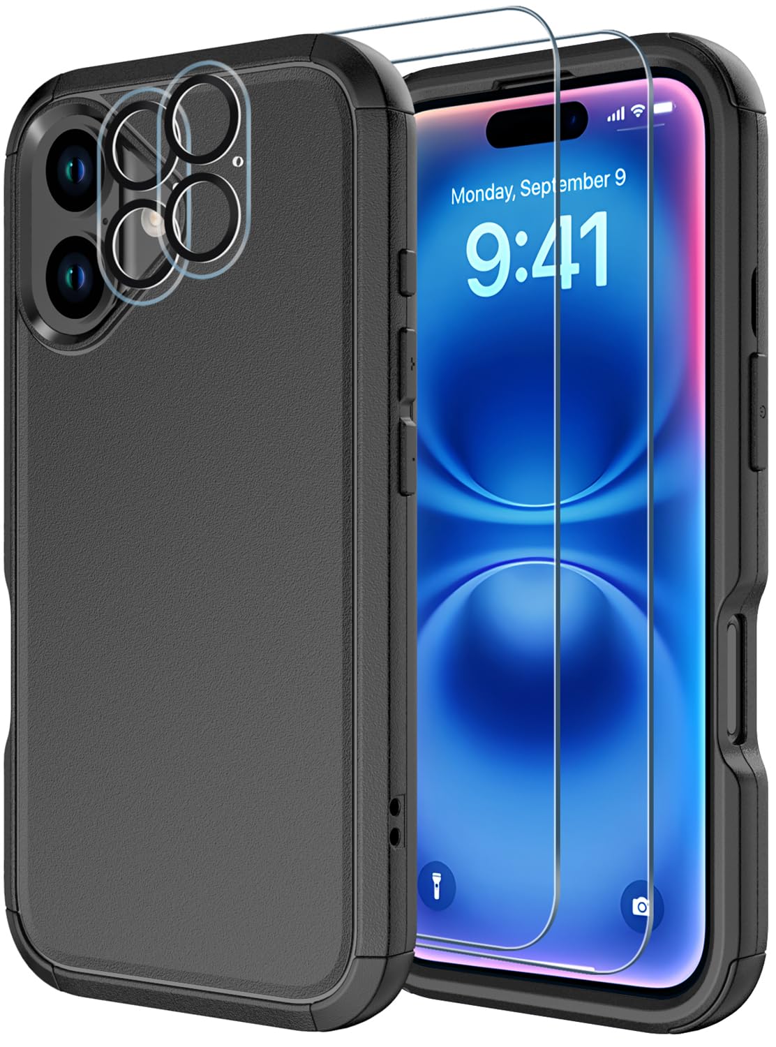 **Shockproof iPhone 16 Case with Tempered Glass Screen Protector & Camera Protectors – Heavy Duty Drop-Proof Phone Cover for Apple iPhone 16 (Black) – Perfect for Outdoor Adventures, Travel & Daily Protection**