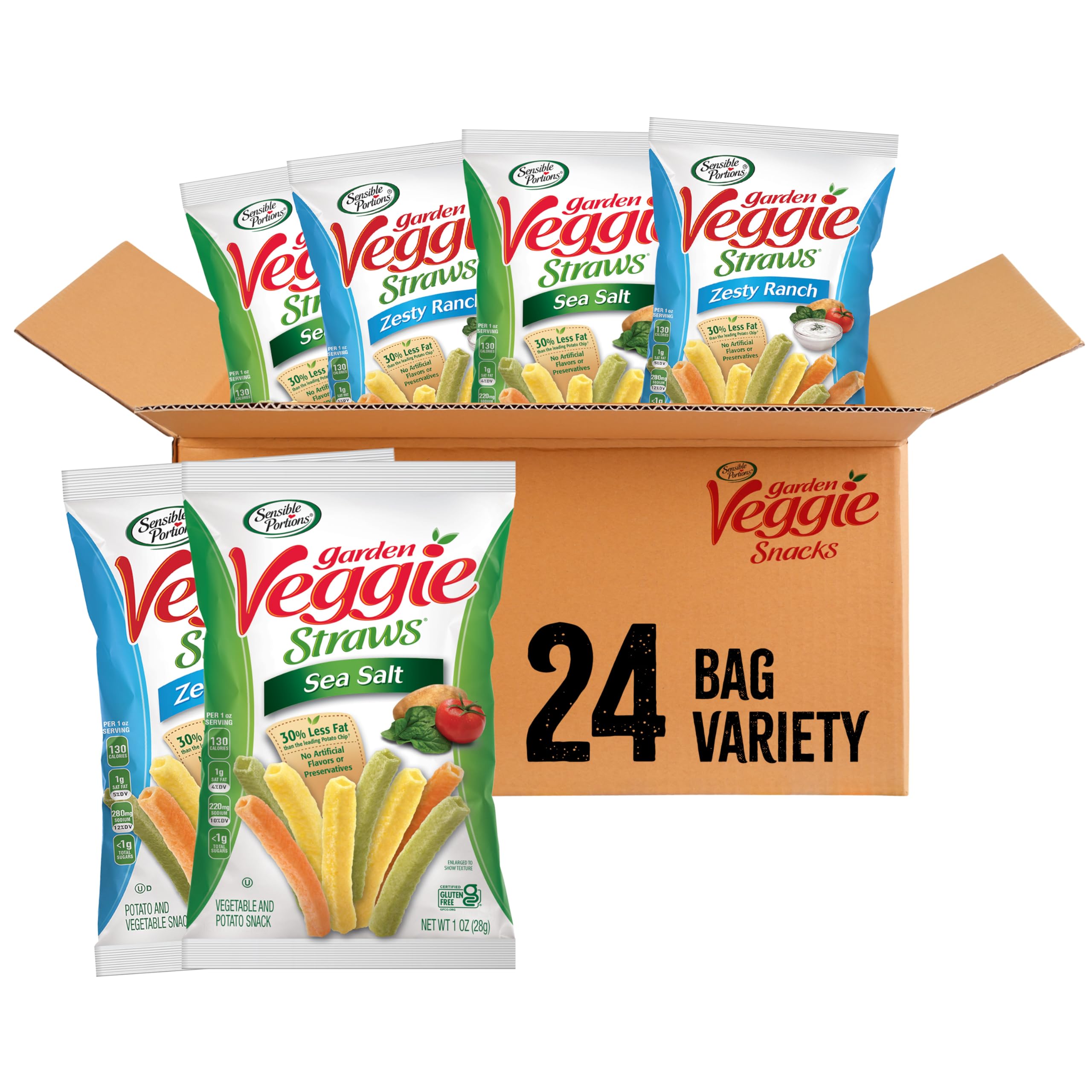 Sensible Portions Garden Veggie Snacks - Healthy Baked Veggie Straws, Sea Salt & Zesty Ranch Flavors, 1 Oz Snack Packs (24 Count) - Perfect for Lunchboxes, Office Snacks & Party Platters