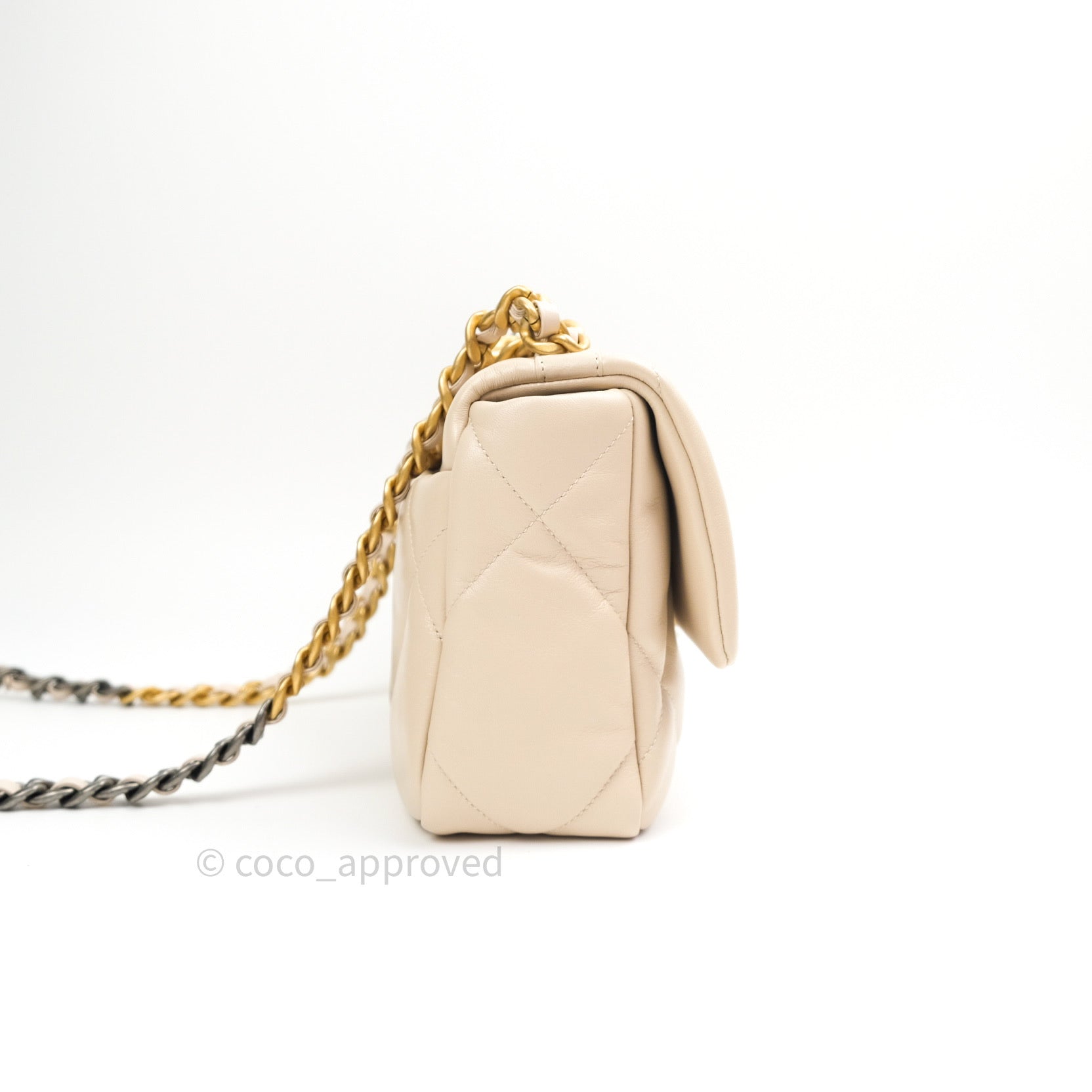 Chanel 19 Small Beige Goatskin Leather Shoulder Bag with Mixed Gold & Silver Hardware - Perfect for Everyday Luxury & Special Occasions