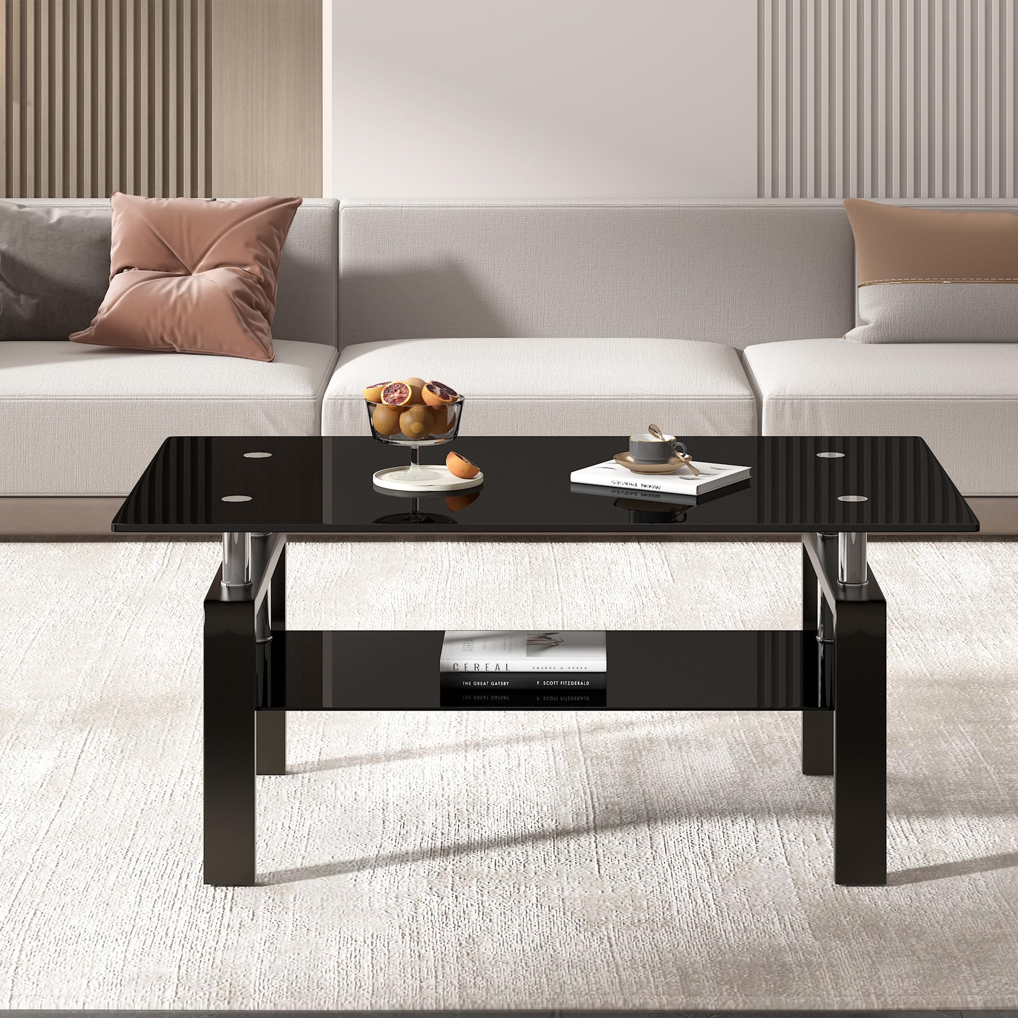 Modern Black Glass Coffee Table Set of 3 - Transparent Living Room Furniture with Waterfall Design - Includes Coffee Table & End Tables - Perfect for Small Spaces, Apartments & Contemporary Home Decor