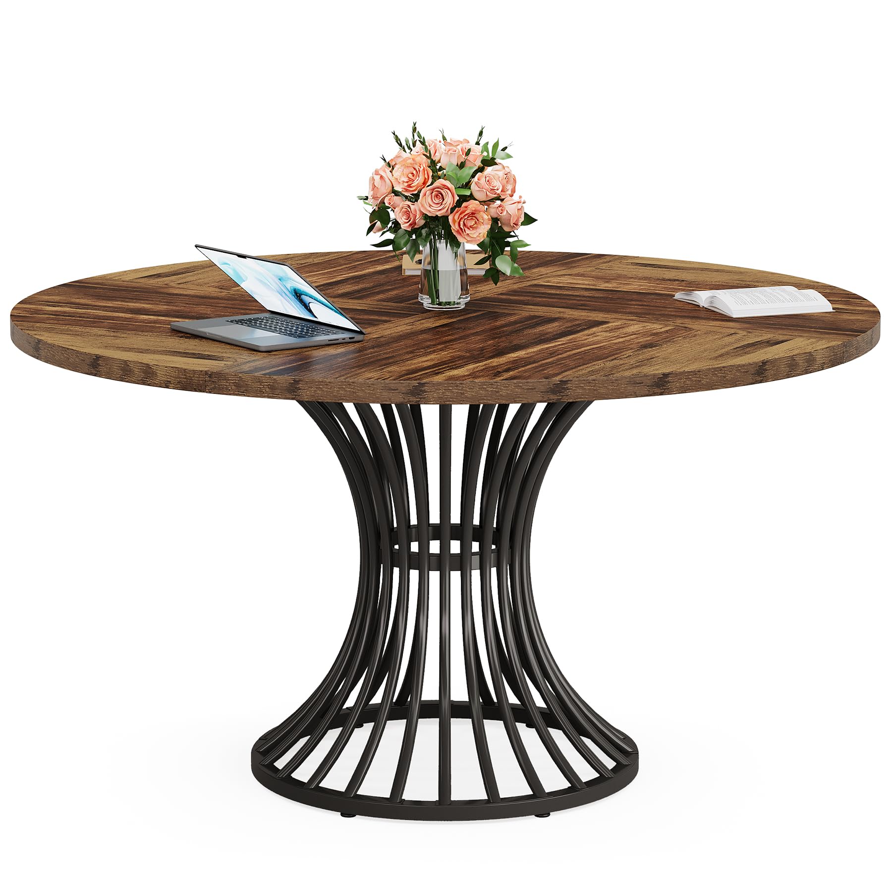 Tribesigns 47-Inch Round Conference Table for 4-6 People - Thickened Wood Tabletop & Sturdy Metal Base - Industrial Style Office Meeting Table in Rustic Brown - Perfect for Small Conference Rooms, Team Meetings & Collaborative Workspaces