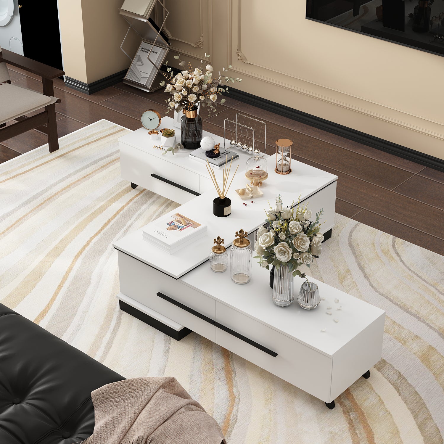 Modern TV Stand with Adjustable Length, Storage Drawers & Sturdy Legs - Perfect for Living Room, Bedroom & Home Theater Setup