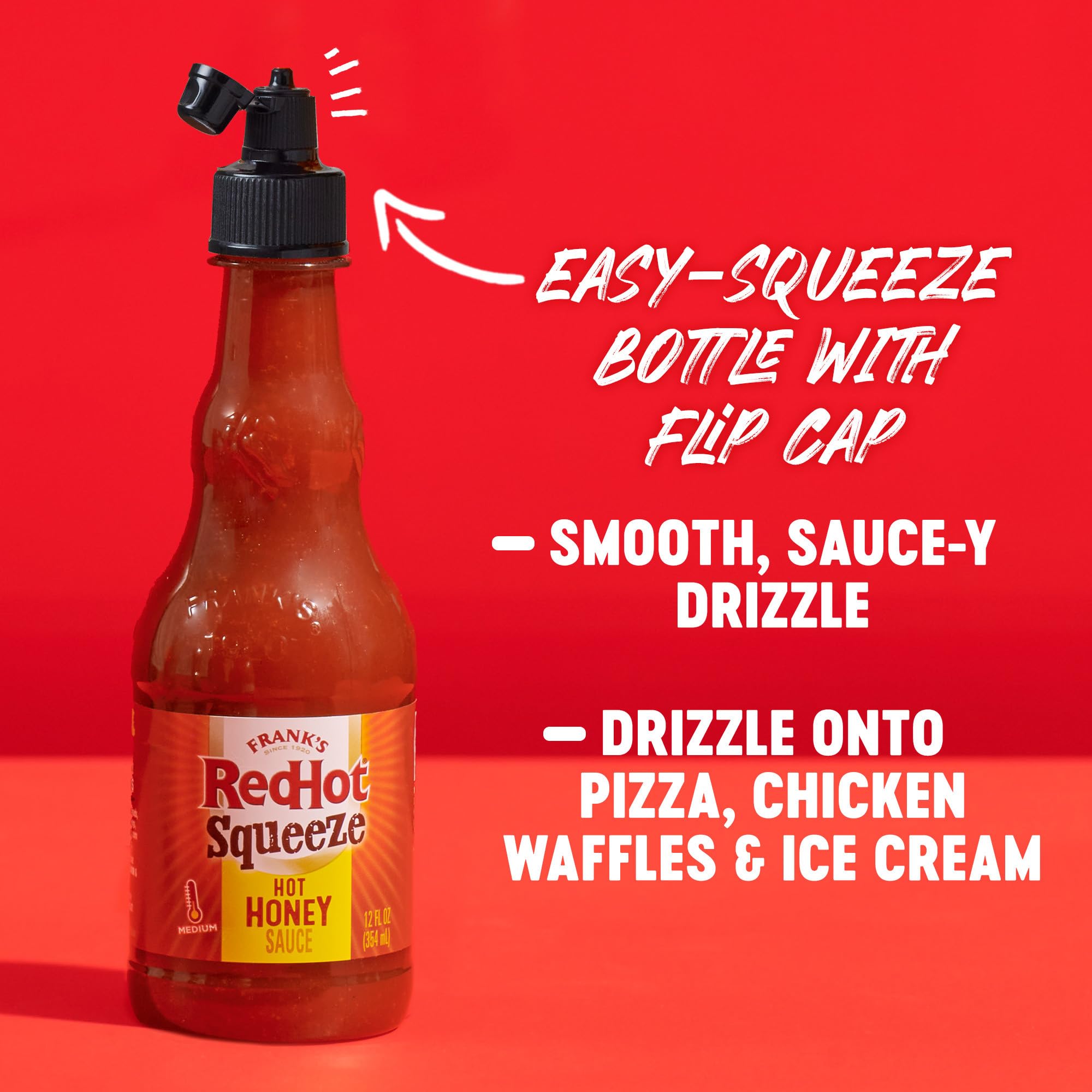 Frank's RedHot Squeeze Hot Honey Sauce - 12 fl oz Bottle | Sweet & Spicy Glaze for Wings, Chicken, Pizza & More | Perfect for BBQ, Dipping & Cooking