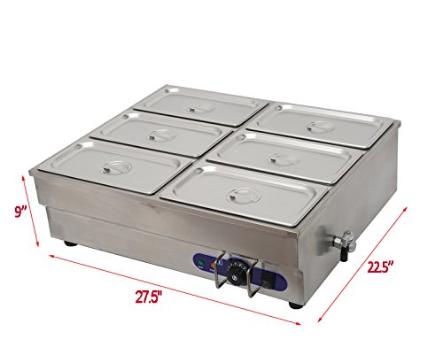 TECHTONGDA 6-Pot Bain Marie Food Warmer - 6 x 1/3 Size Pans, 6-Inch Deep Stainless Steel Pans, 110V 1500W Commercial Food Warmer for Buffets, Catering & Restaurant Food Service