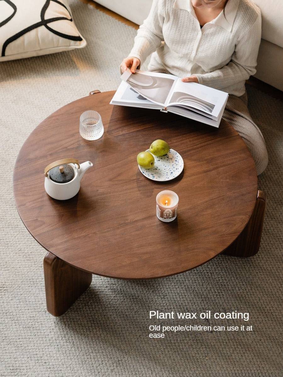 Solid Black Walnut Wood Round Slate Coffee Table - Rustic Modern Living Room Furniture for Home Decor & Tea Time Relaxation