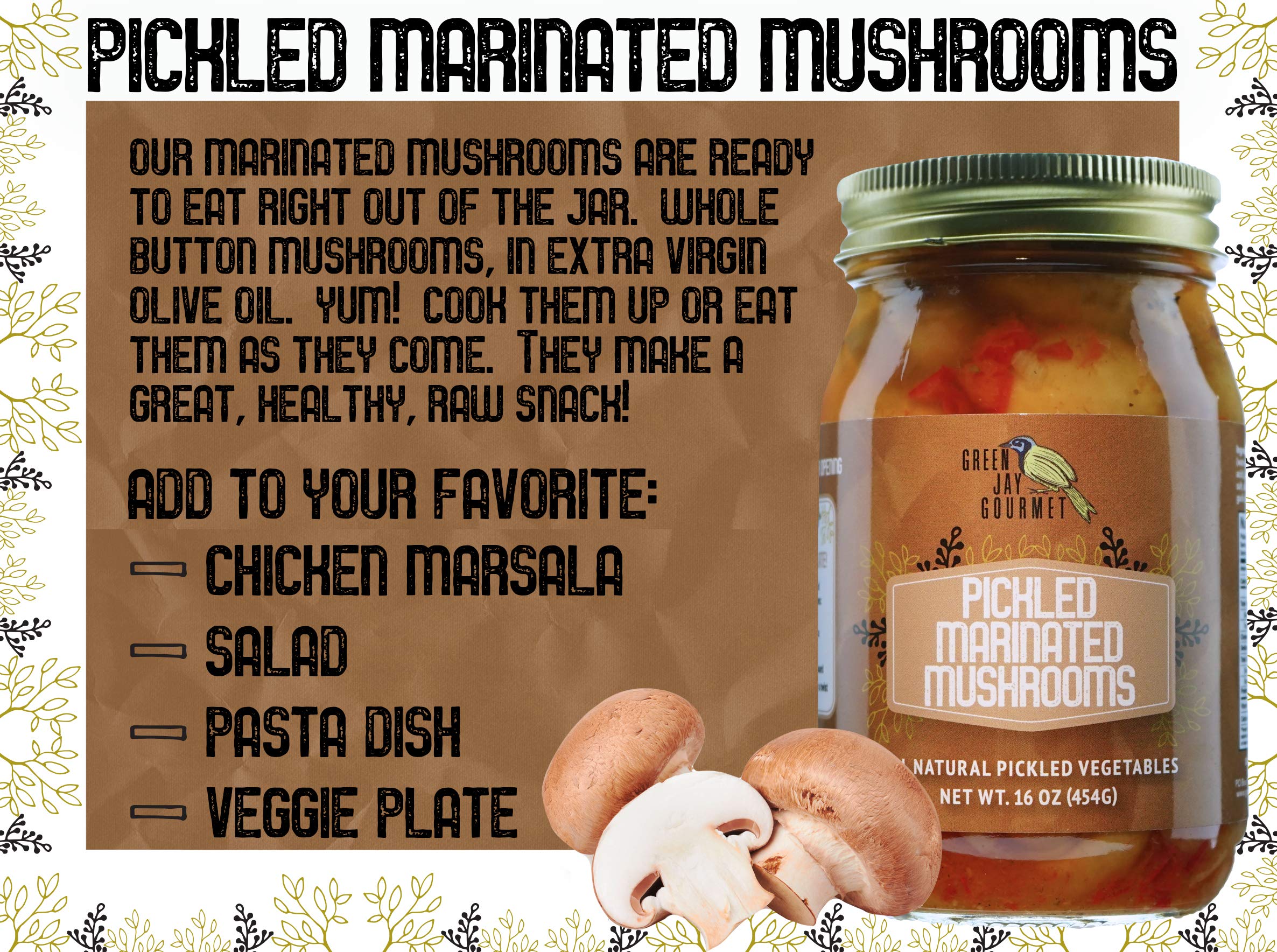 Premium Marinated Mushrooms in Glass Jar - All Natural Gourmet Pickled Mushrooms for Cooking, Salads & Charcuterie Boards - Homegrown Preserved Vegetables - 2 Pack (16oz Each) - Perfect for Gifts, Pantry Staples & Gourmet Recipes
