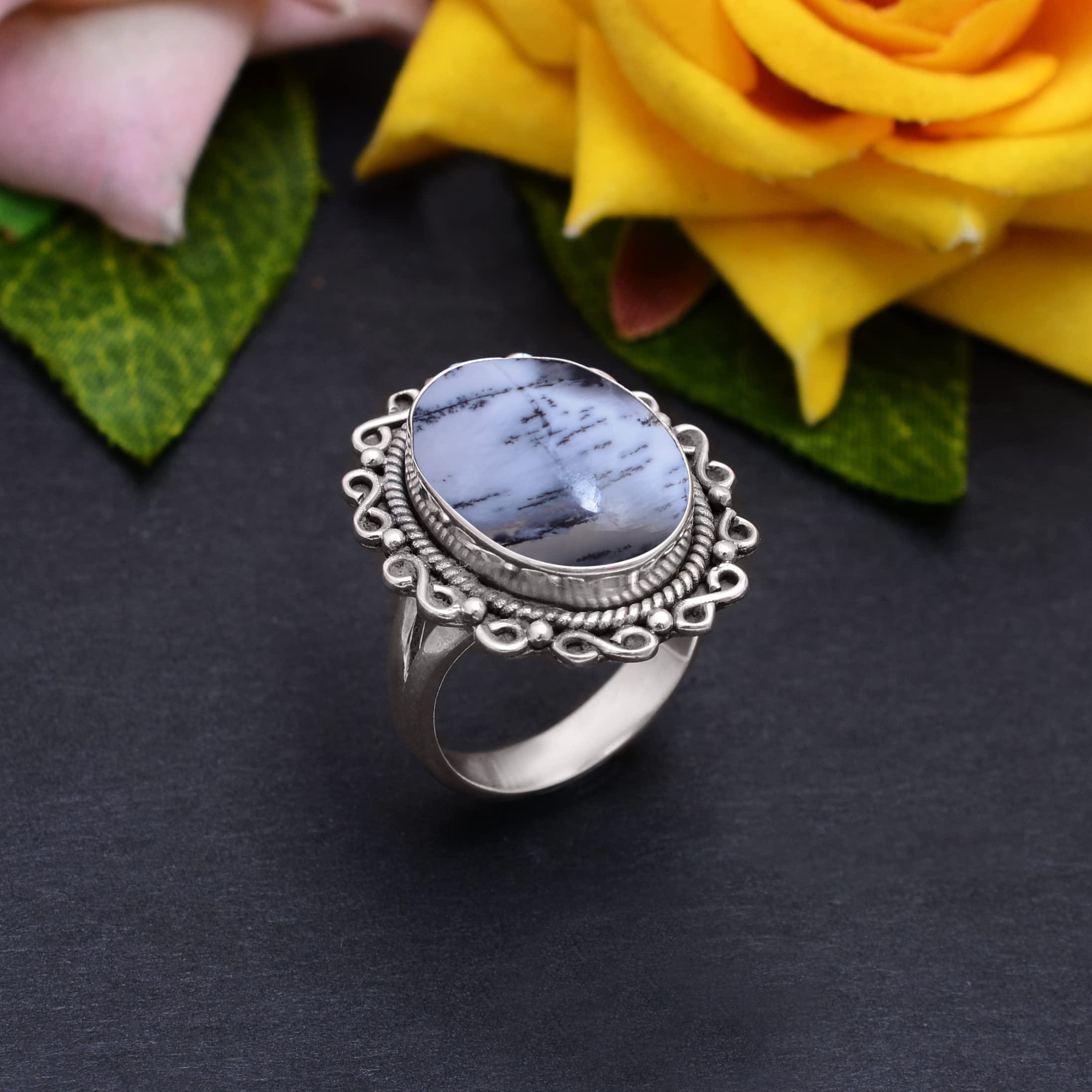 Veracity Jewelry Women's 925 Sterling Silver Dendrite Opal & Dendritic Agate Ring - Healing Meditation Gemstone Jewelry in Black & White - VSR-234 | Perfect for Spiritual Healing, Meditation & Everyday Elegance