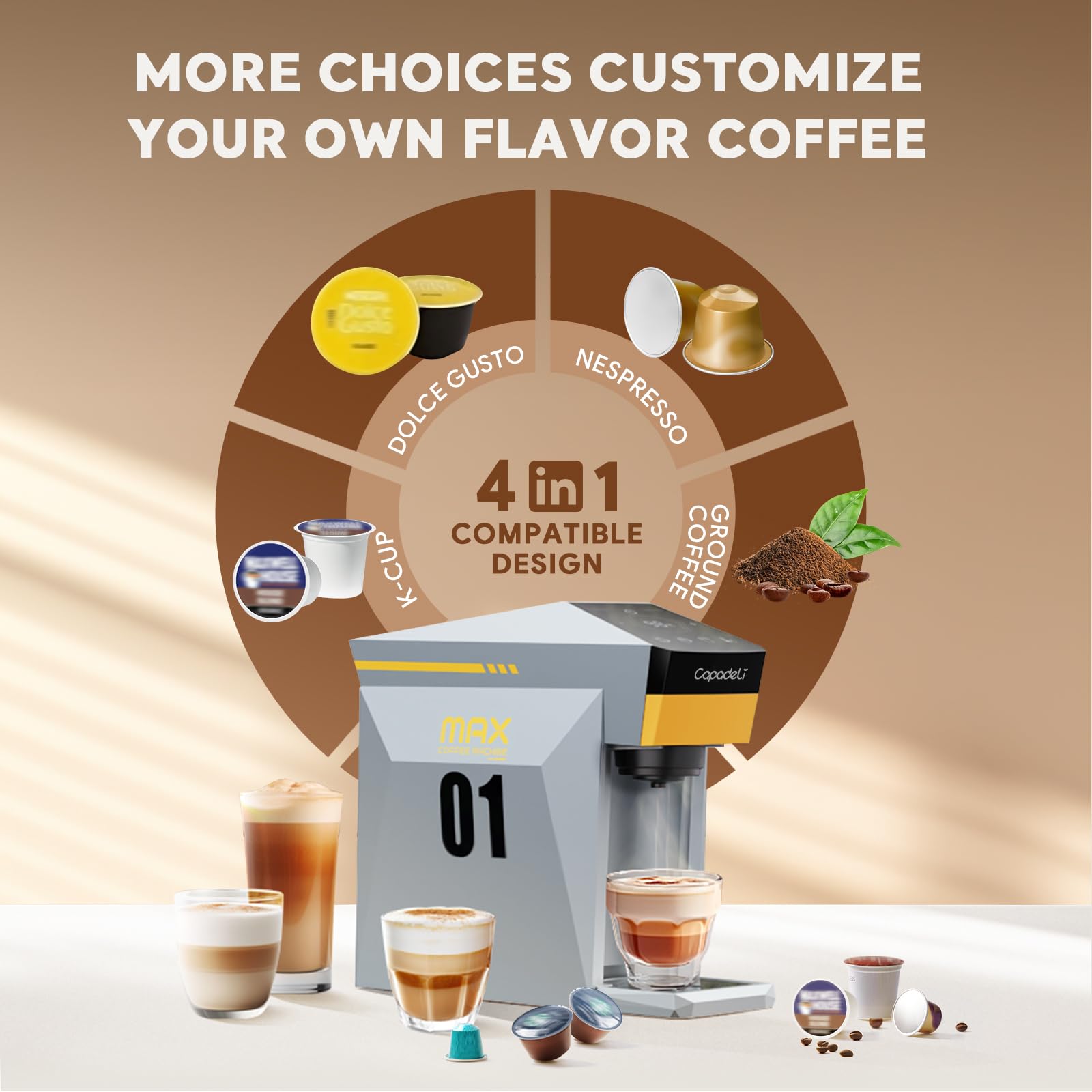 4-in-1 Single Serve Coffee Maker - Mini Espresso Machine Compatible with Nespresso Original/K-Cups/Dolce Gusto/Ground Coffee - 19 Bar Pressure for Rich Brew - Perfect for Home & Office Use (Grey) - Enjoy Cafe-Quality Coffee Anytime at Home or Work