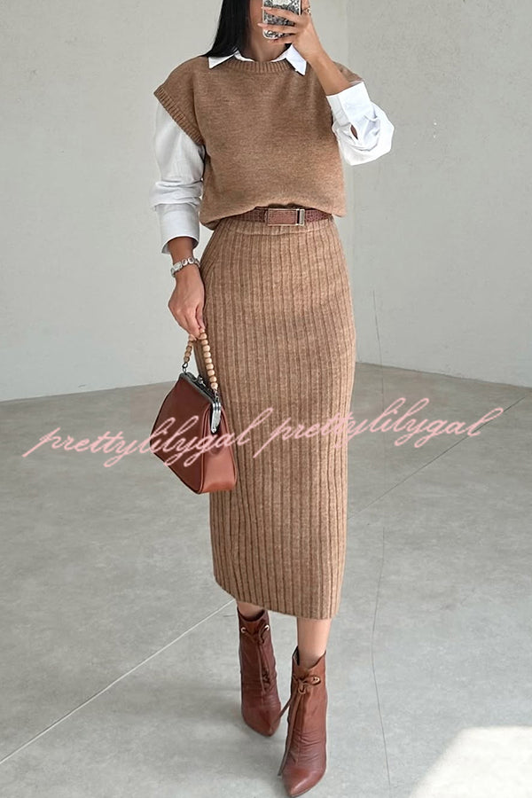 Triko Knit Short Sleeve Sweater & Stretch Ribbed Midi Skirt Set for Women | Casual Outfit for Spring & Fall | Perfect for Office, Date Night & Weekend Brunch
