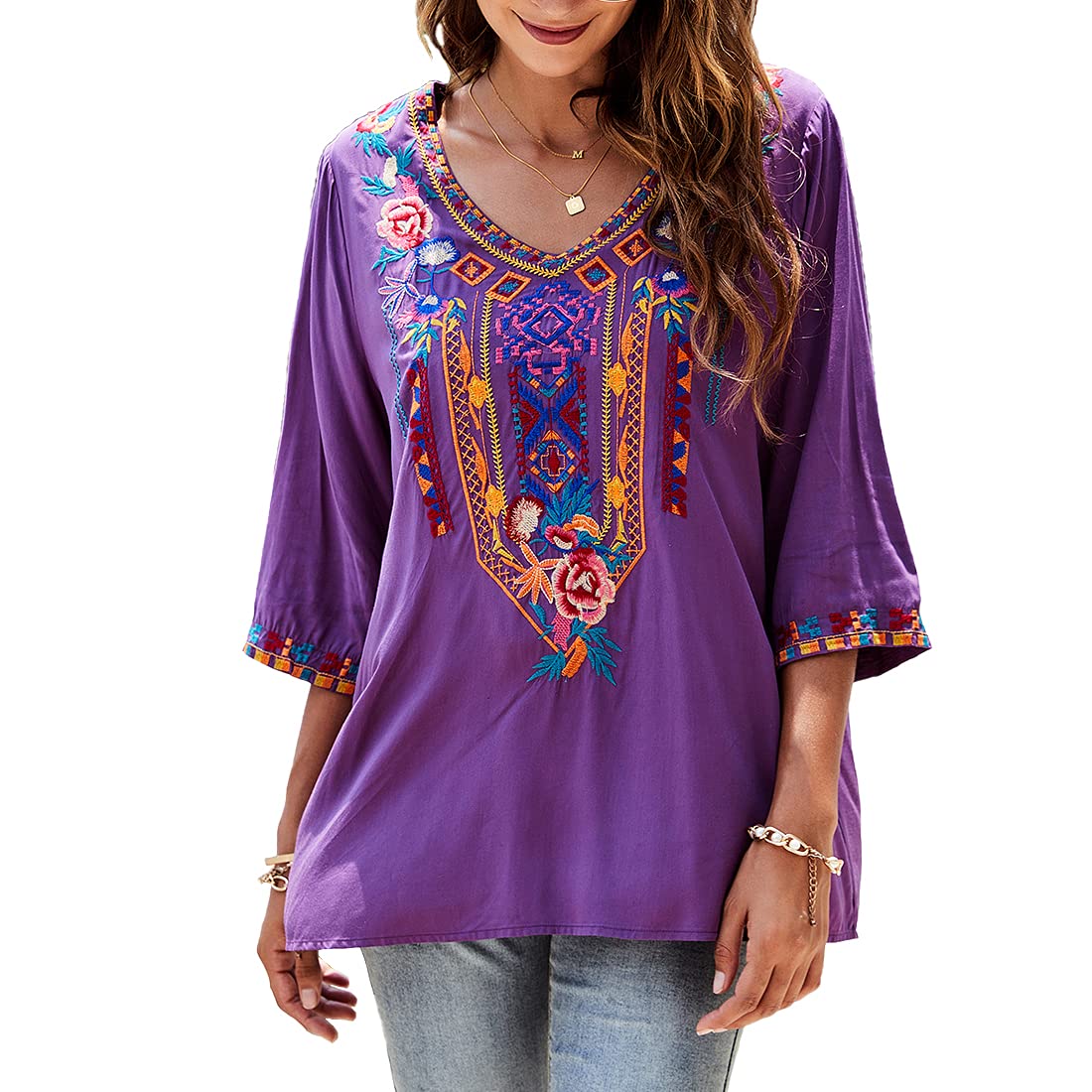 AK Embroidered Women's 3/4 Sleeve Peasant Blouse - Mexican Style V-Neck Tunic Top for Casual Wear | Perfect for Boho Outfits, Summer Vacations & Festival Fashion