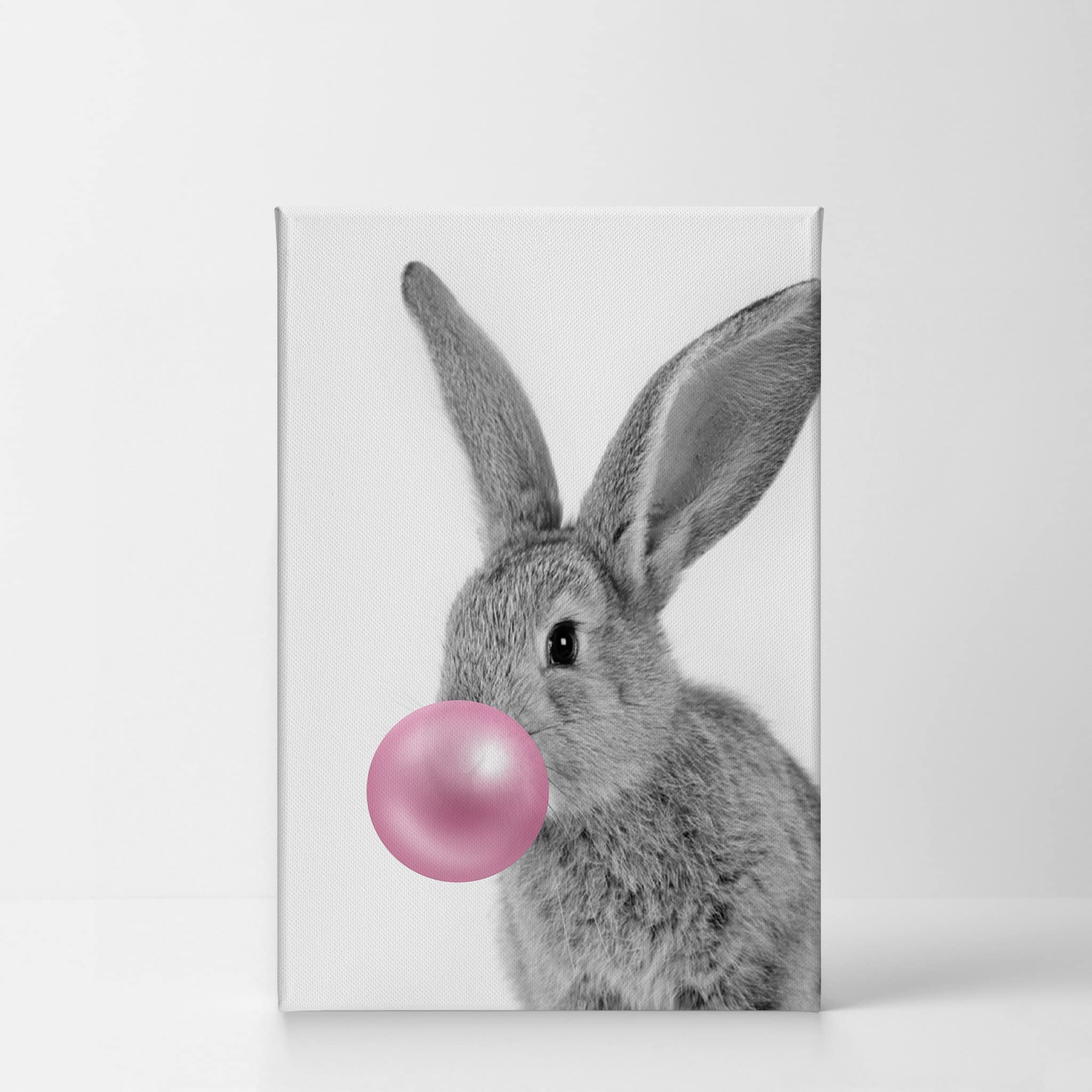 Smile Art Design Bunny Rabbit Canvas Print - Pink Bubble Gum Art, Black and White Wall Decor for Kids Room, Nursery, or Playroom - Stretched & Ready to Hang - Made in USA (40x30) - Perfect for Baby Showers, Birthday Gifts & Home Decoration