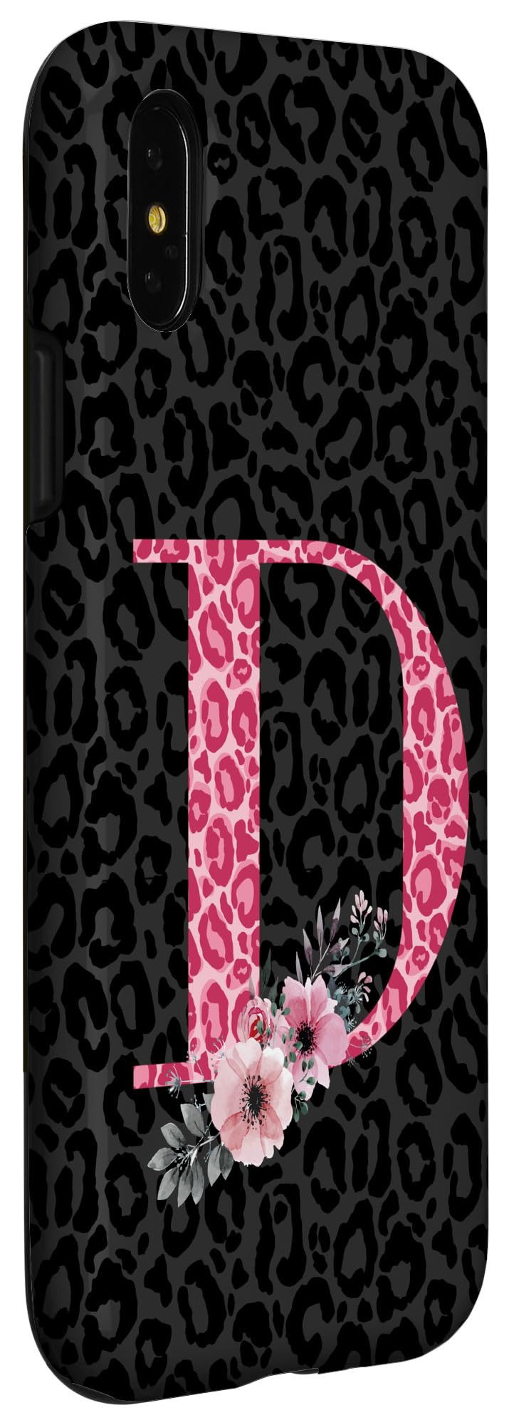 iPhone X/XS Letter D Floral Pink & Black Leopard Print Phone Case - Stylish Protective Cover for Everyday Use, Travel & Fashion Accessory
