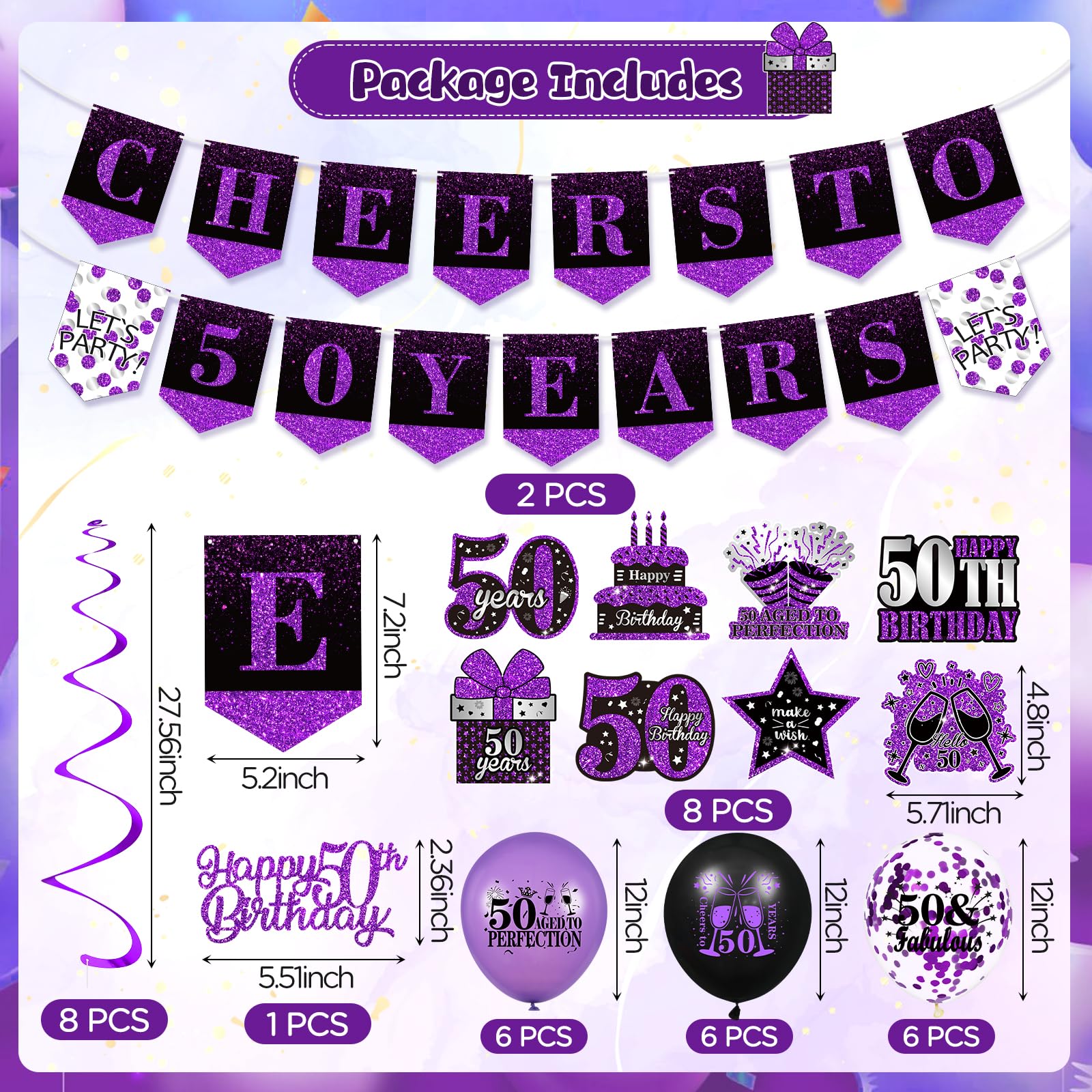 Purple & Black 50th Birthday Party Decorations Set - Hanging Swirls, Balloons, Banner & Cake Topper for Women & Men - Perfect for 50 Years Celebration, Milestone Birthday Party Supplies & Decor