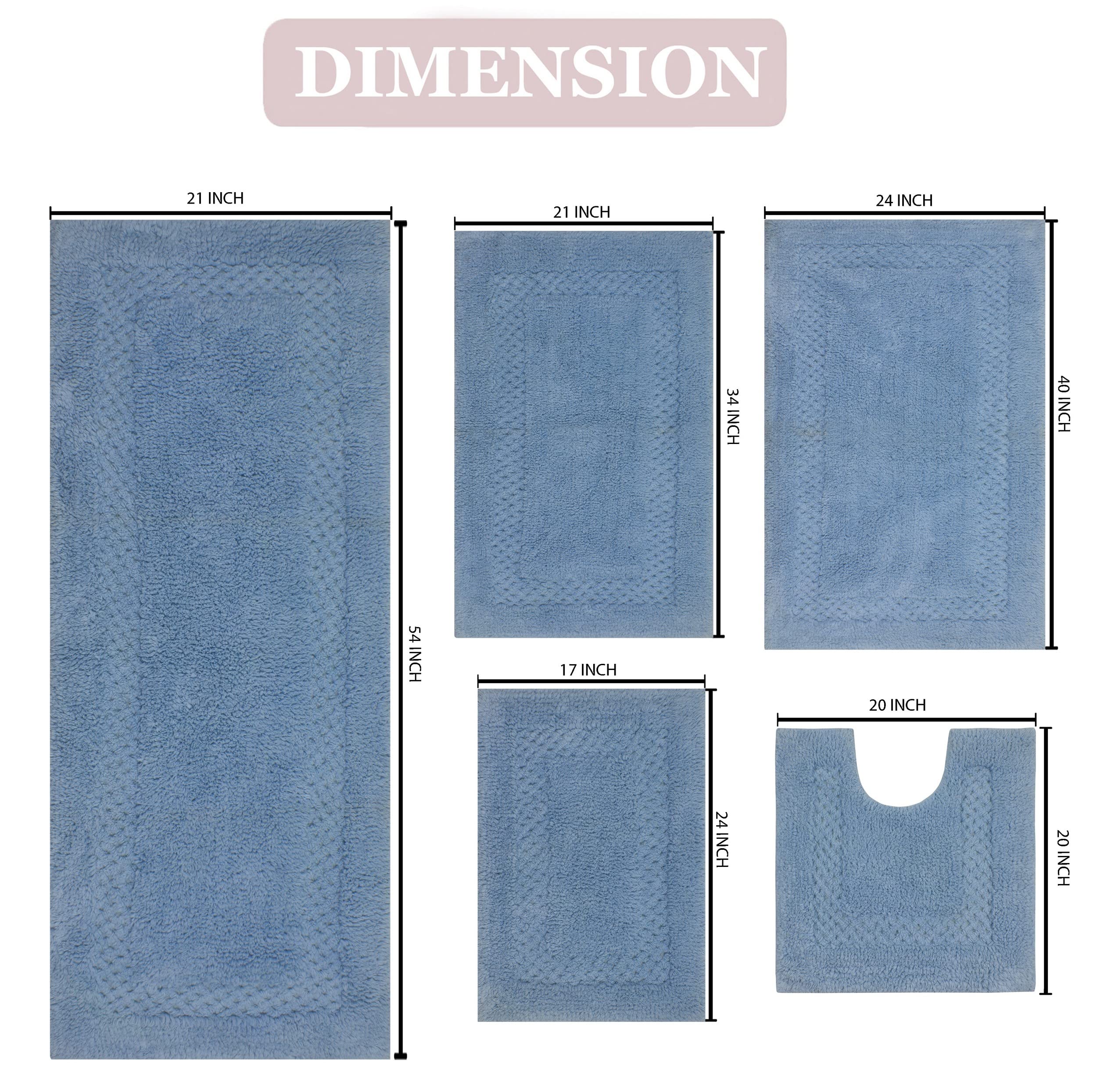 Premium 100% Cotton Bathroom Rugs Set - 5 Piece Non-Slip Bath Mat with Contour | Ultra Soft, Absorbent & Washable Bathroom Floor Mats | Perfect for Bathroom, Kitchen & Shower Use (Blue)
